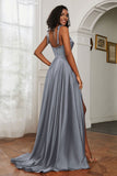 Stretch Satin Cowl Neck Formal Evening Dress Prom Gowns Bridesmaid Dresses with Slit