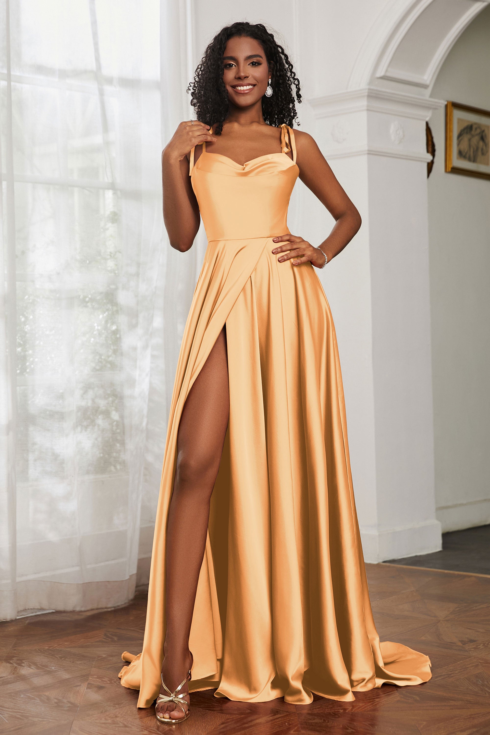 Stretch Satin Cowl Neck Formal Evening Dress Prom Gowns Bridesmaid Dresses with Slit