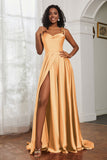 Stretch Satin Cowl Neck Formal Evening Dress Prom Gowns Bridesmaid Dresses with Slit