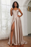 Stretch Satin Cowl Neck Formal Evening Dress Prom Gowns Bridesmaid Dresses with Slit