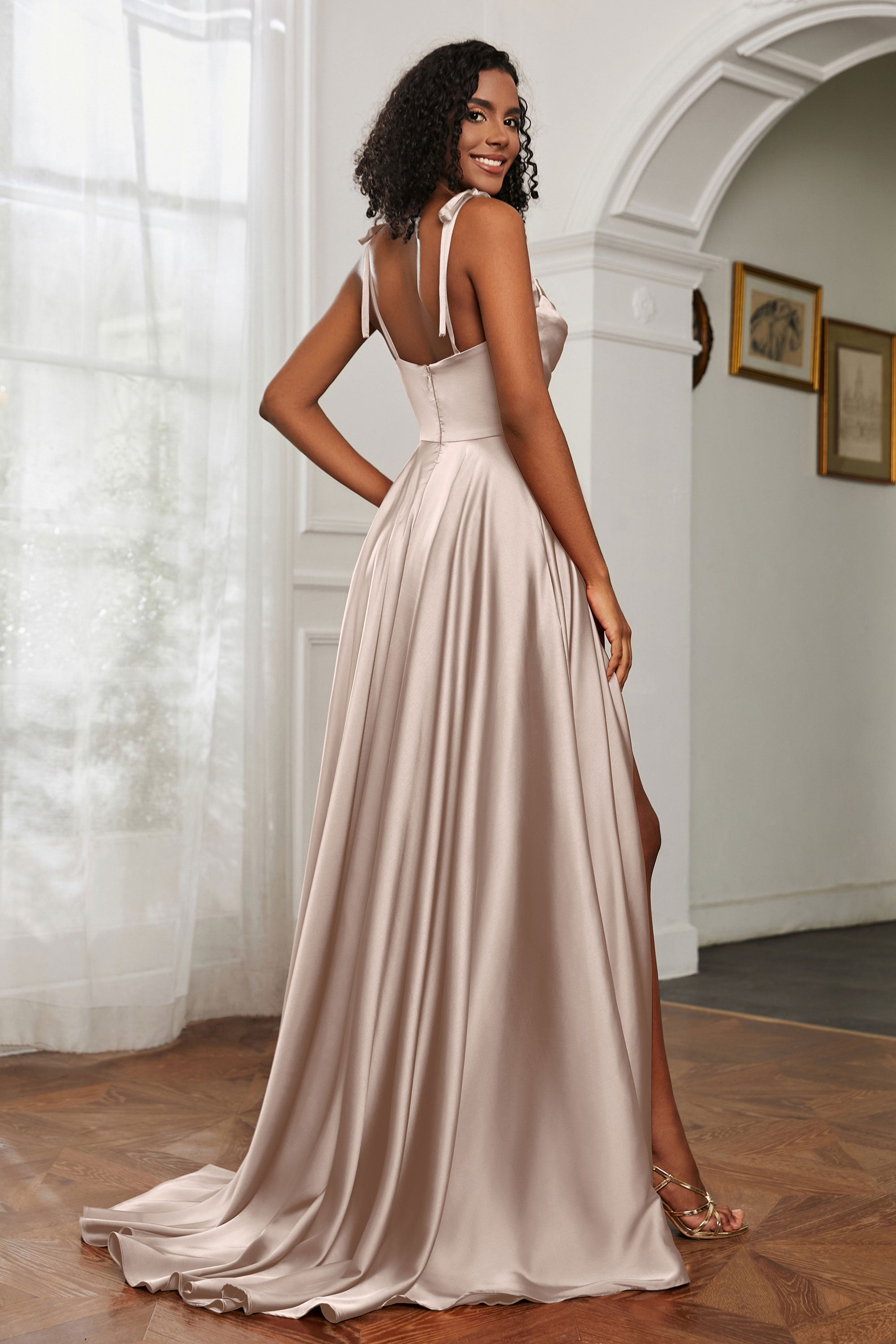 Stretch Satin Cowl Neck Formal Evening Dress Prom Gowns Bridesmaid Dresses with Slit