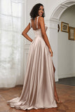 Stretch Satin Cowl Neck Formal Evening Dress Prom Gowns Bridesmaid Dresses with Slit