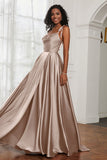 Stretch Satin Cowl Neck Formal Evening Dress Prom Gowns Bridesmaid Dresses with Slit