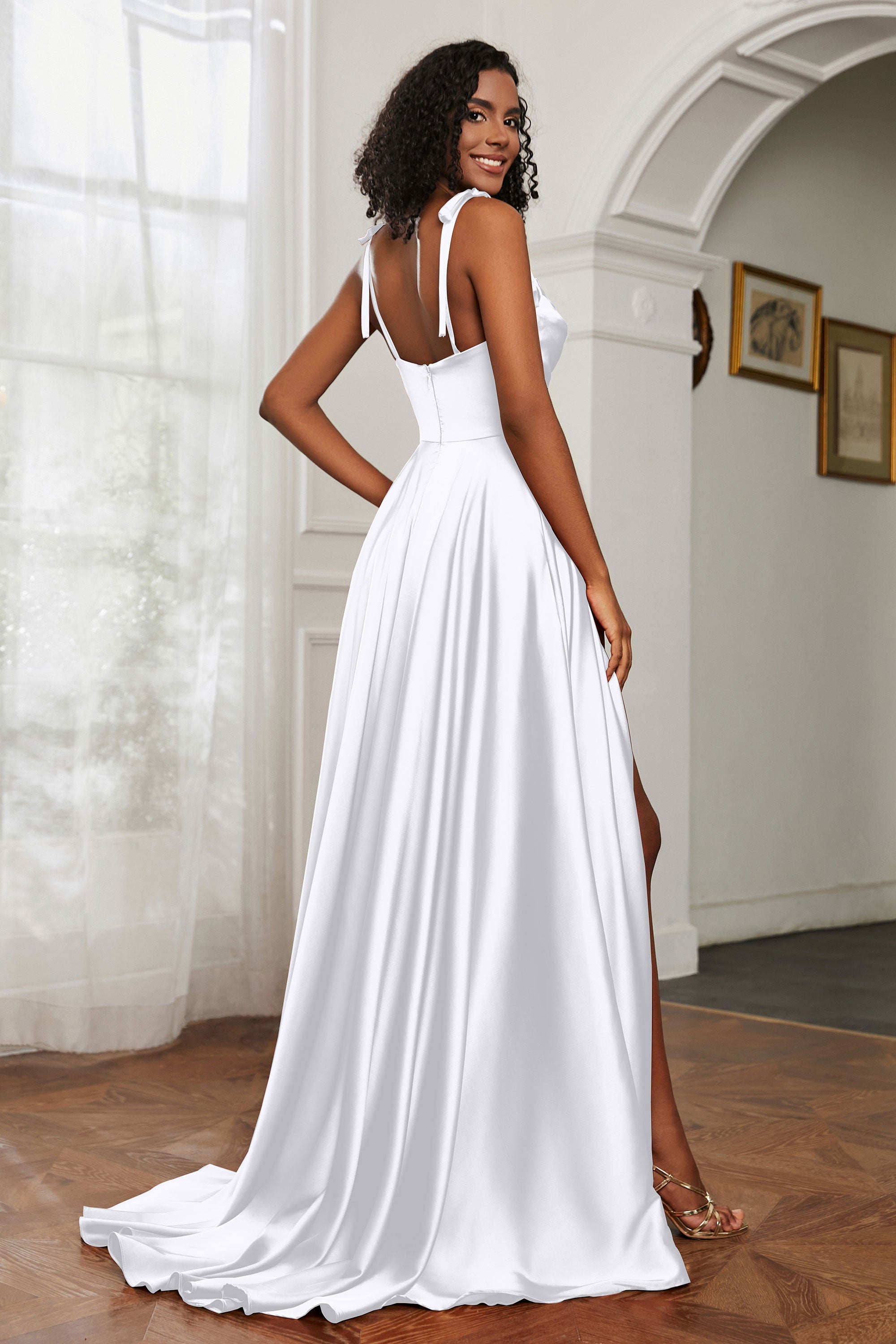 Stretch Satin Cowl Neck Formal Evening Dress Prom Gowns Bridesmaid Dresses with Slit