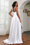 Stretch Satin Cowl Neck Formal Evening Dress Prom Gowns Bridesmaid Dresses with Slit