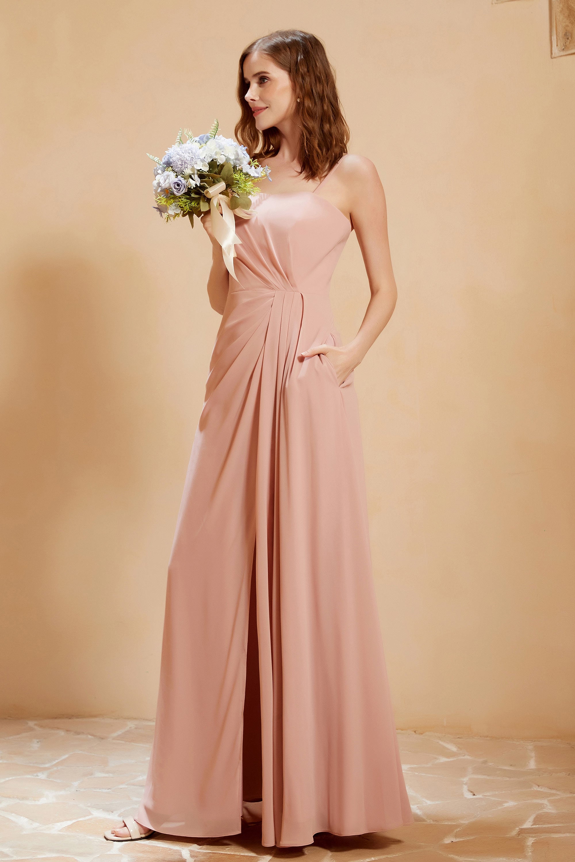 A Line Chiffon Square Bridesmaid Dress With Pockets Formal Evening Prom Dresses Gowns