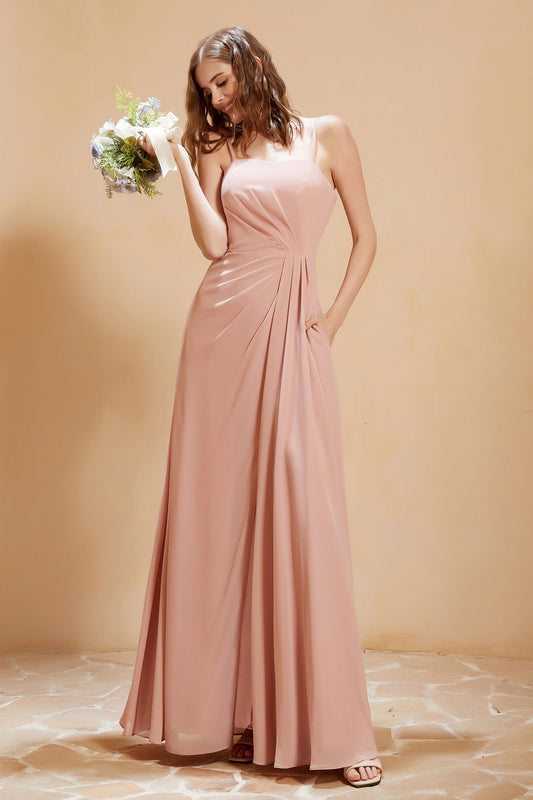 A Line Chiffon Square Bridesmaid Dress With Pockets Formal Evening Prom Dresses Gowns