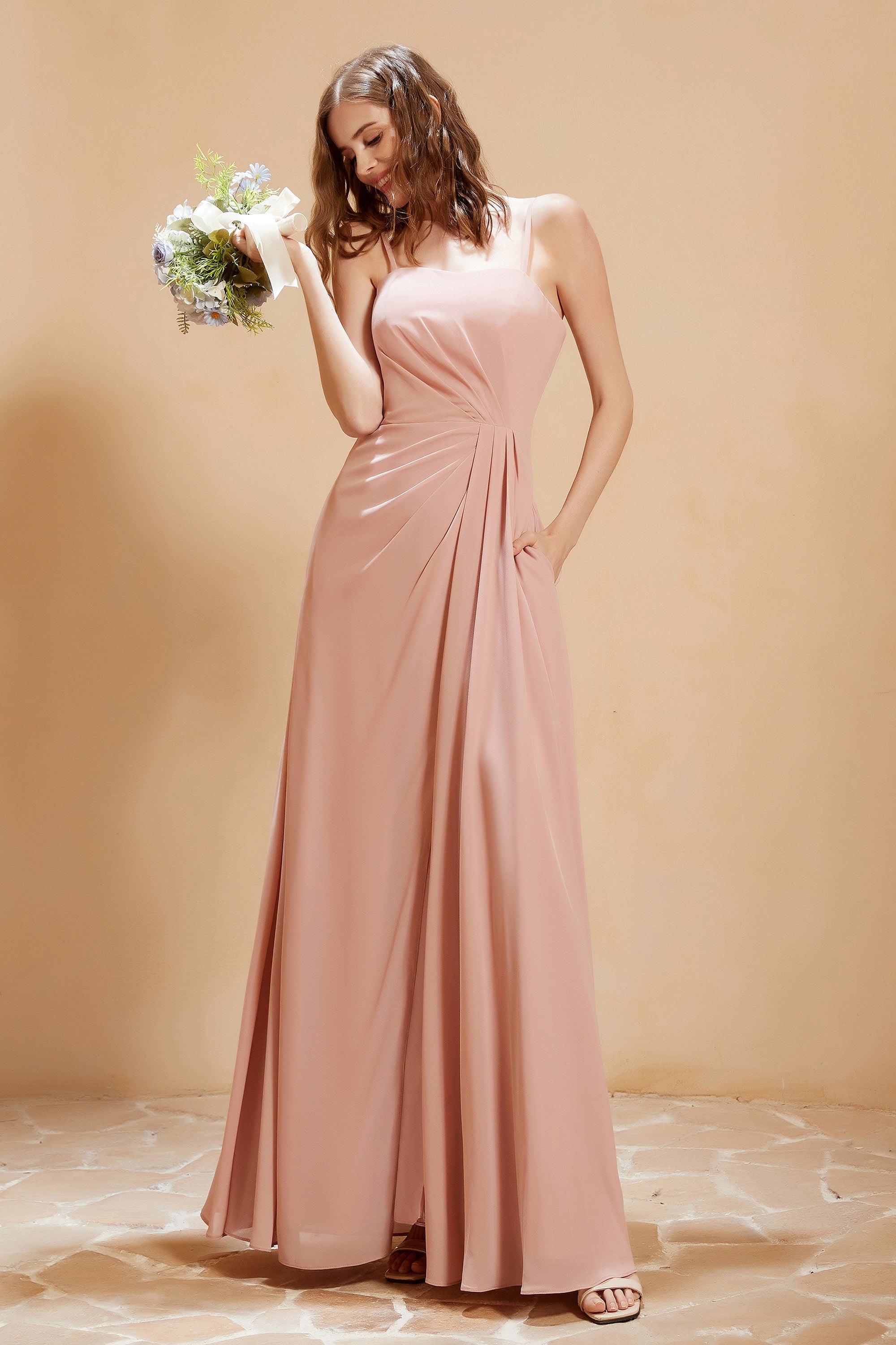 A Line Chiffon Square Bridesmaid Dress With Pockets Formal Evening Prom Dresses Gowns