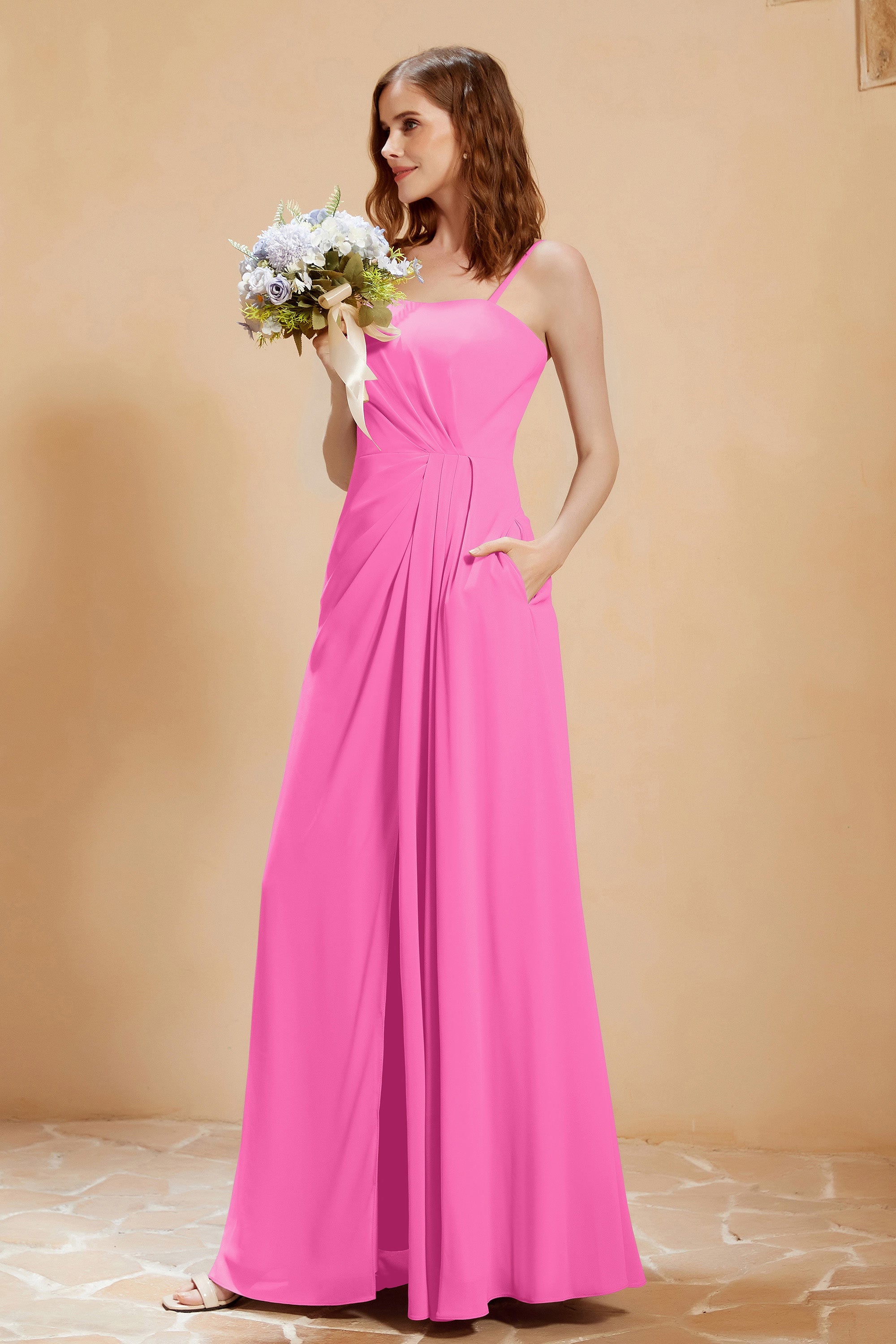 A Line Chiffon Square Bridesmaid Dress With Pockets Formal Evening Prom Dresses Gowns