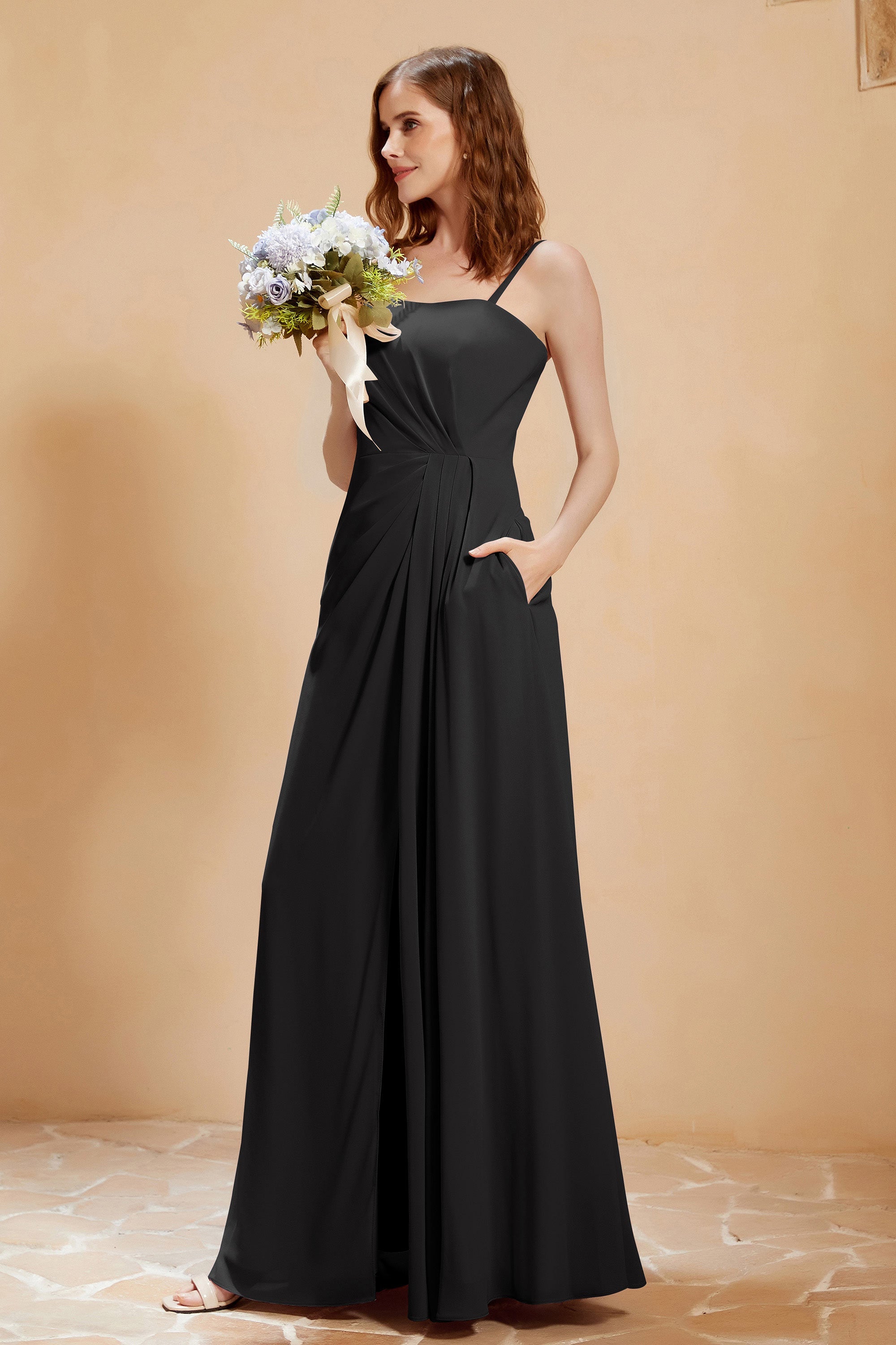 A Line Chiffon Square Bridesmaid Dress With Pockets Formal Evening Prom Dresses Gowns