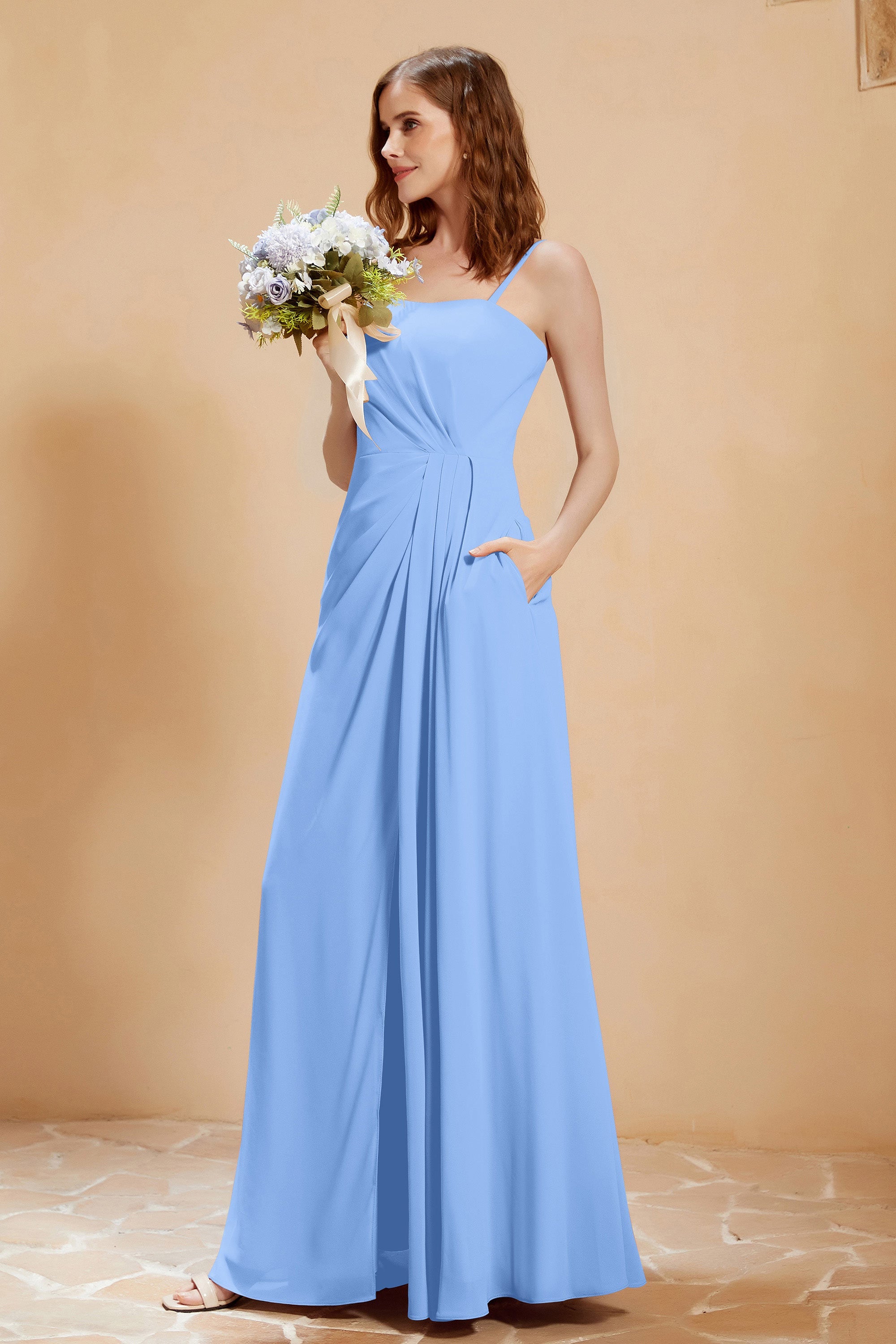 A Line Chiffon Square Bridesmaid Dress With Pockets Formal Evening Prom Dresses Gowns