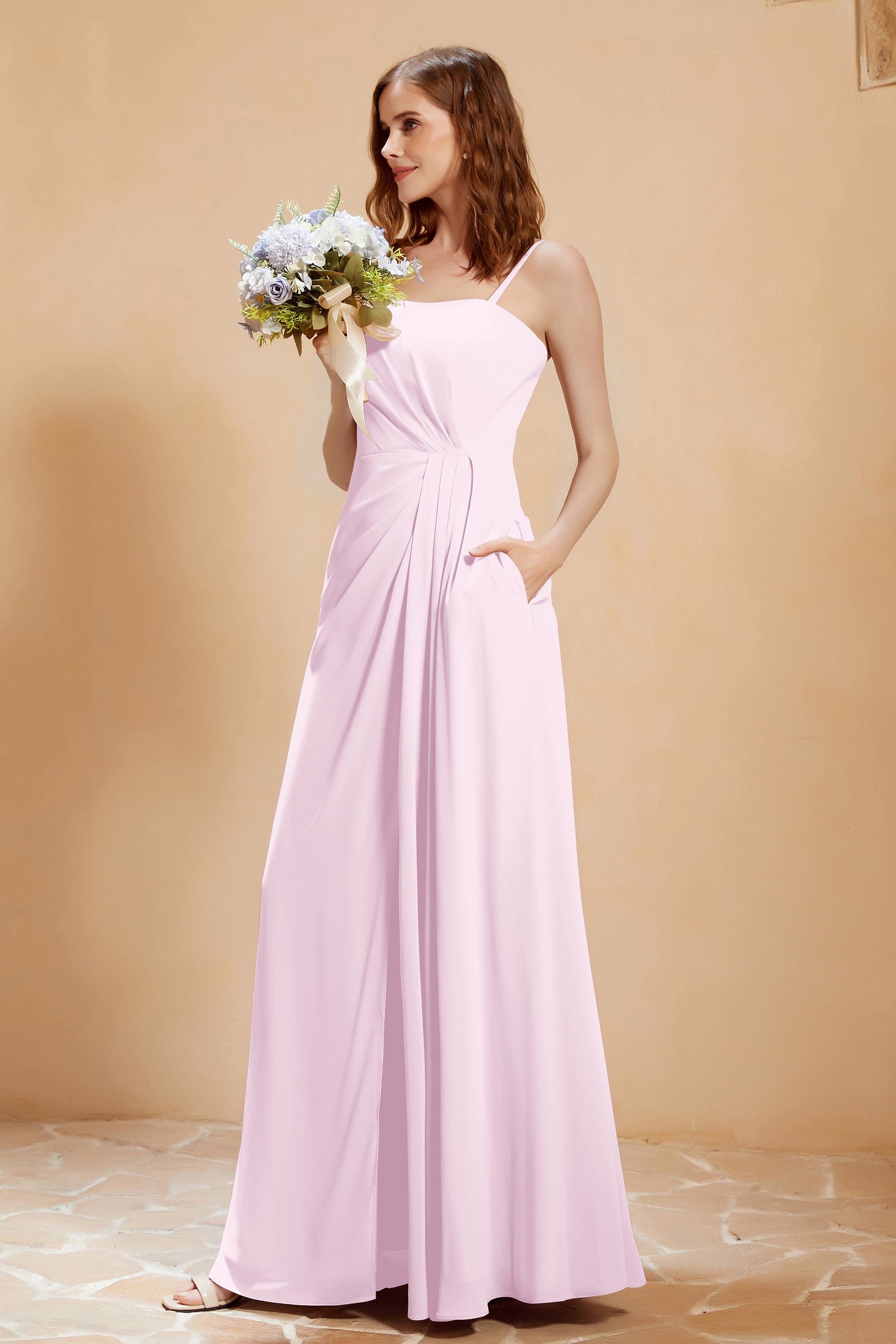 A Line Chiffon Square Bridesmaid Dress With Pockets Formal Evening Prom Dresses Gowns