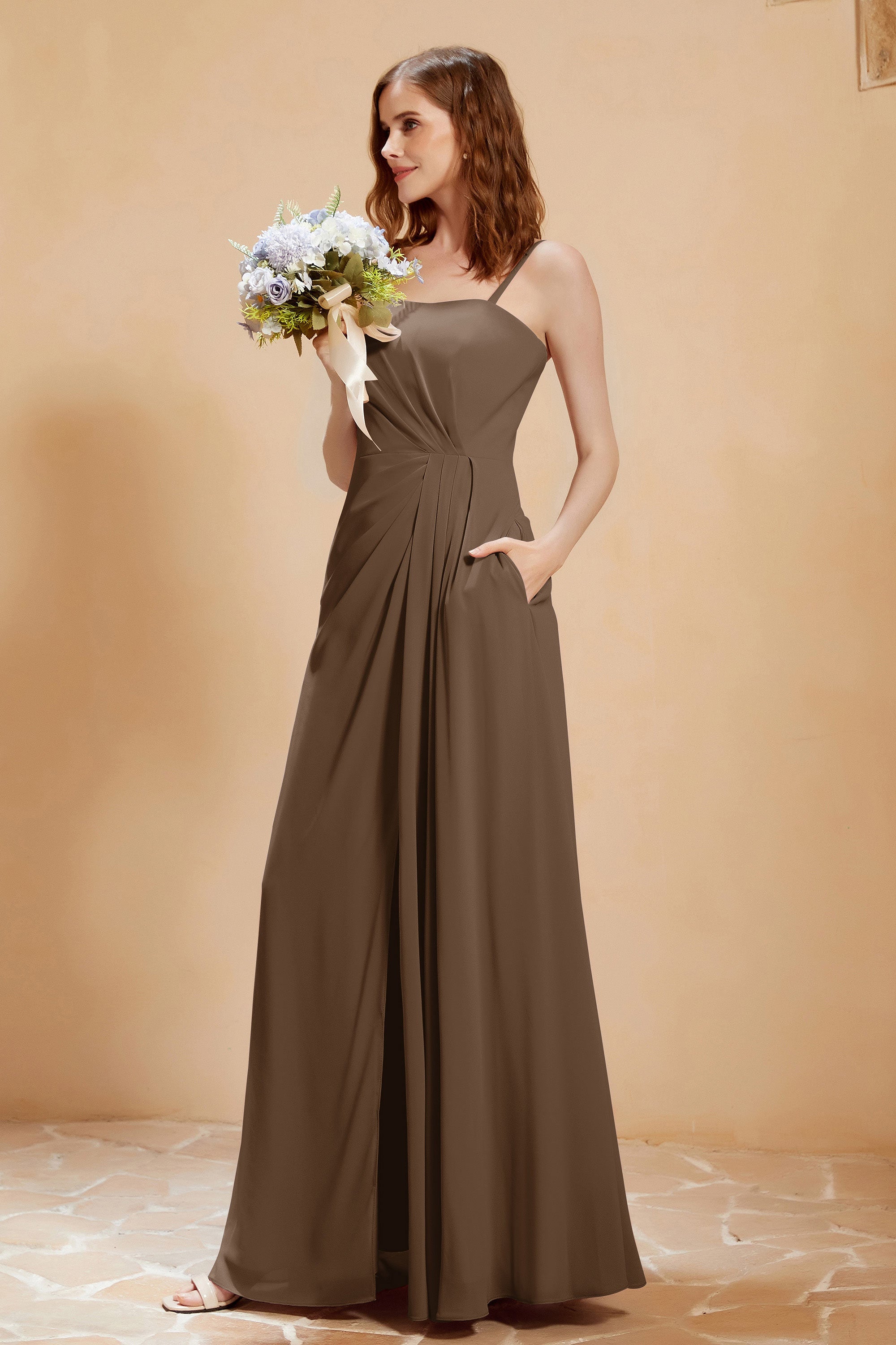 A Line Chiffon Square Bridesmaid Dress With Pockets Formal Evening Prom Dresses Gowns