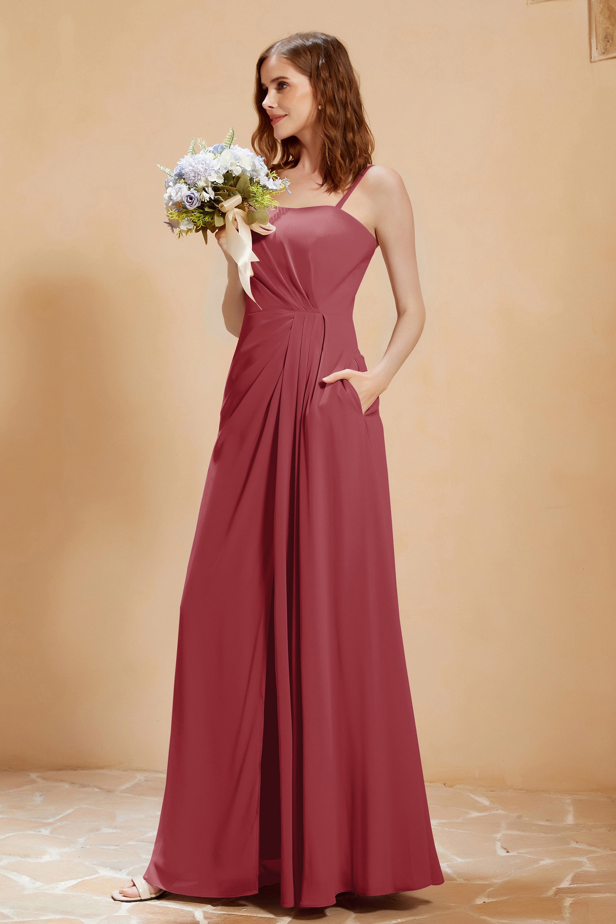 A Line Chiffon Square Bridesmaid Dress With Pockets Formal Evening Prom Dresses Gowns
