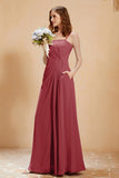 A Line Chiffon Square Bridesmaid Dress With Pockets Formal Evening Prom Dresses Gowns
