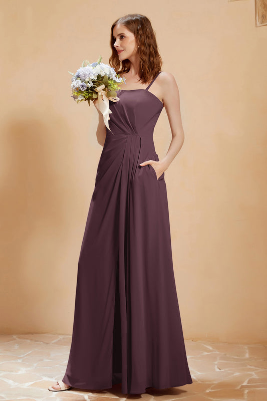 A Line Chiffon Square Bridesmaid Dress With Pockets Formal Evening Prom Dresses Gowns