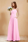 A Line Chiffon Square Bridesmaid Dress With Pockets Formal Evening Prom Dresses Gowns