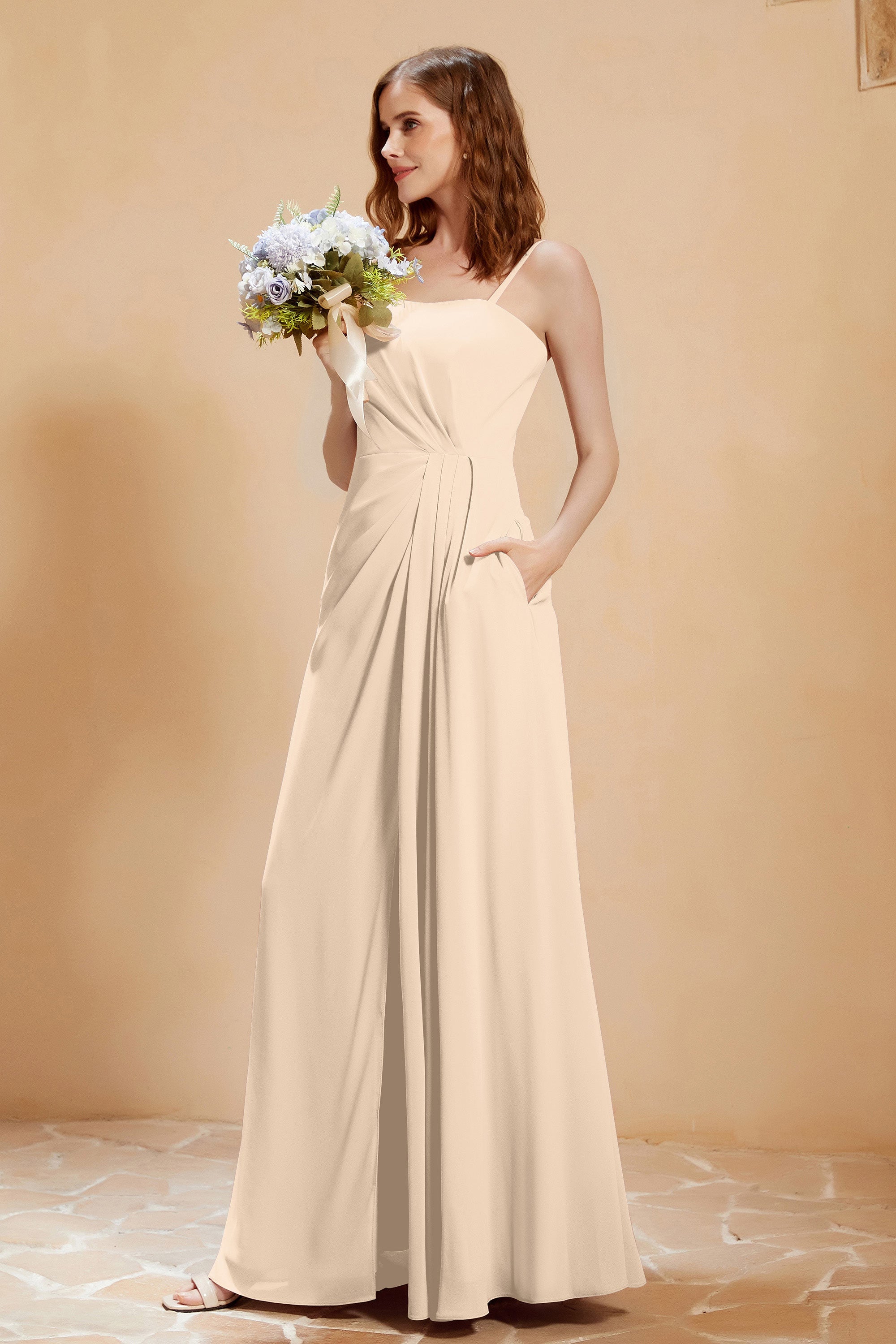 A Line Chiffon Square Bridesmaid Dress With Pockets Formal Evening Prom Dresses Gowns