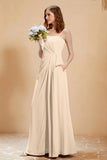 A Line Chiffon Square Bridesmaid Dress With Pockets Formal Evening Prom Dresses Gowns