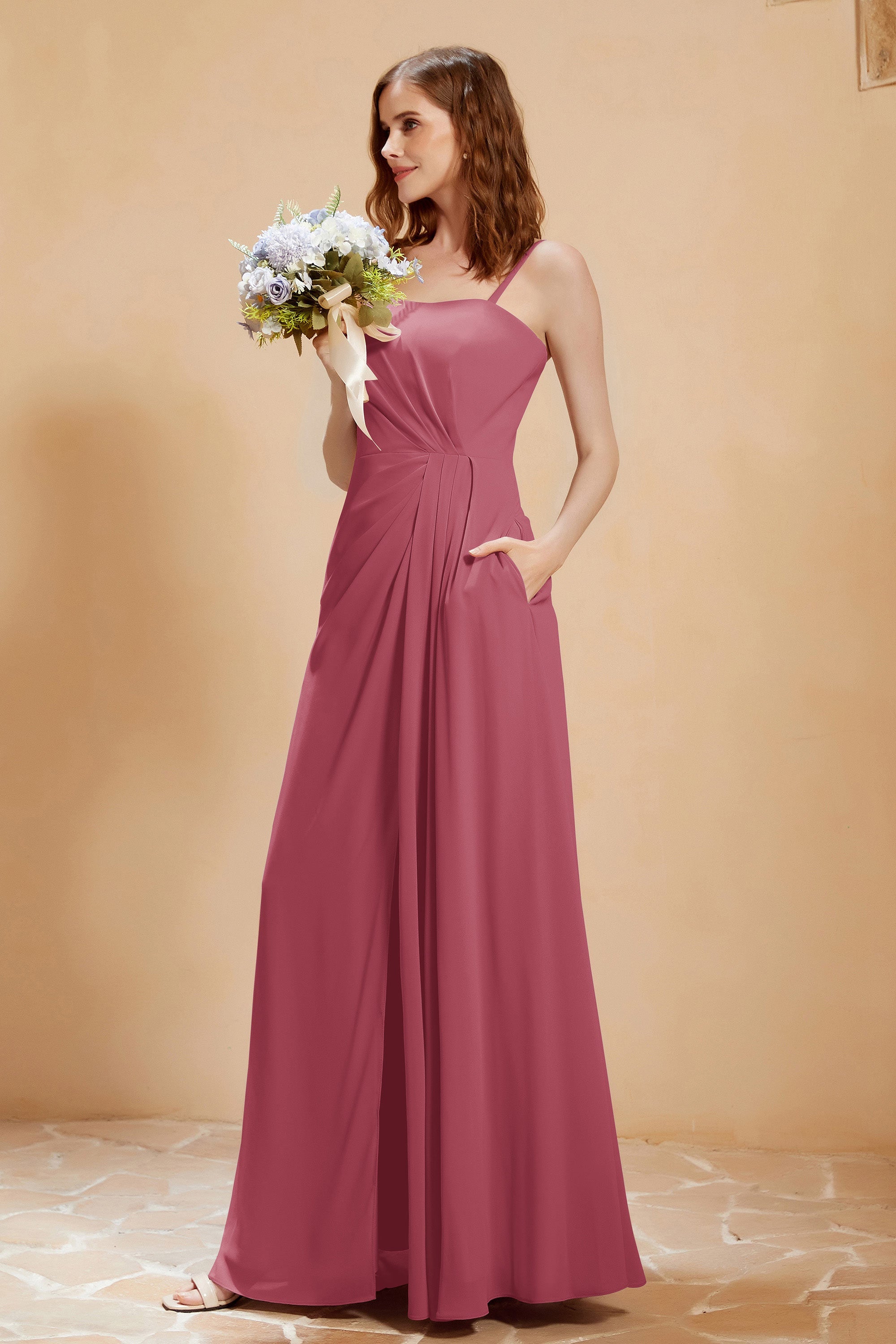 A Line Chiffon Square Bridesmaid Dress With Pockets Formal Evening Prom Dresses Gowns