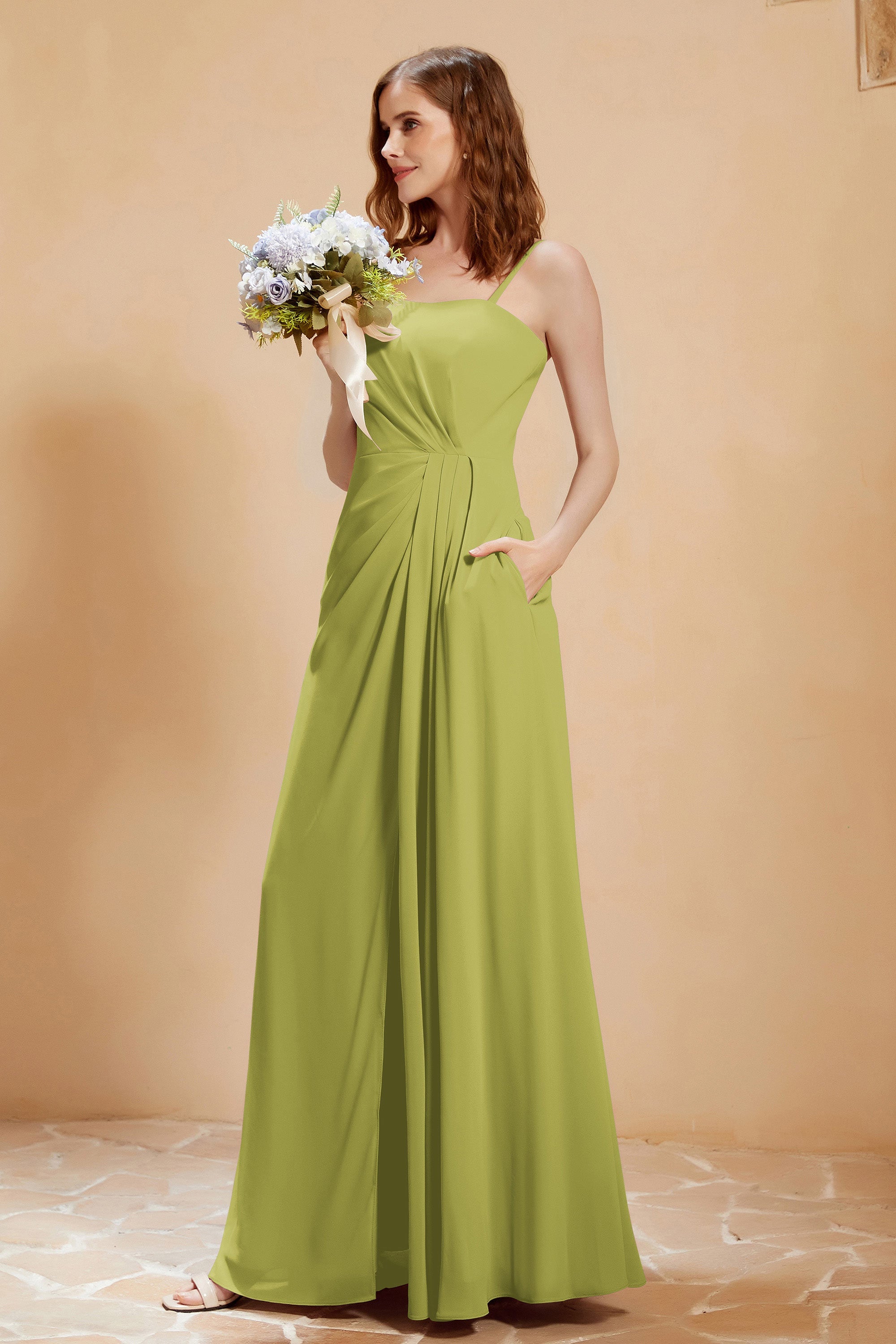 A Line Chiffon Square Bridesmaid Dress With Pockets Formal Evening Prom Dresses Gowns
