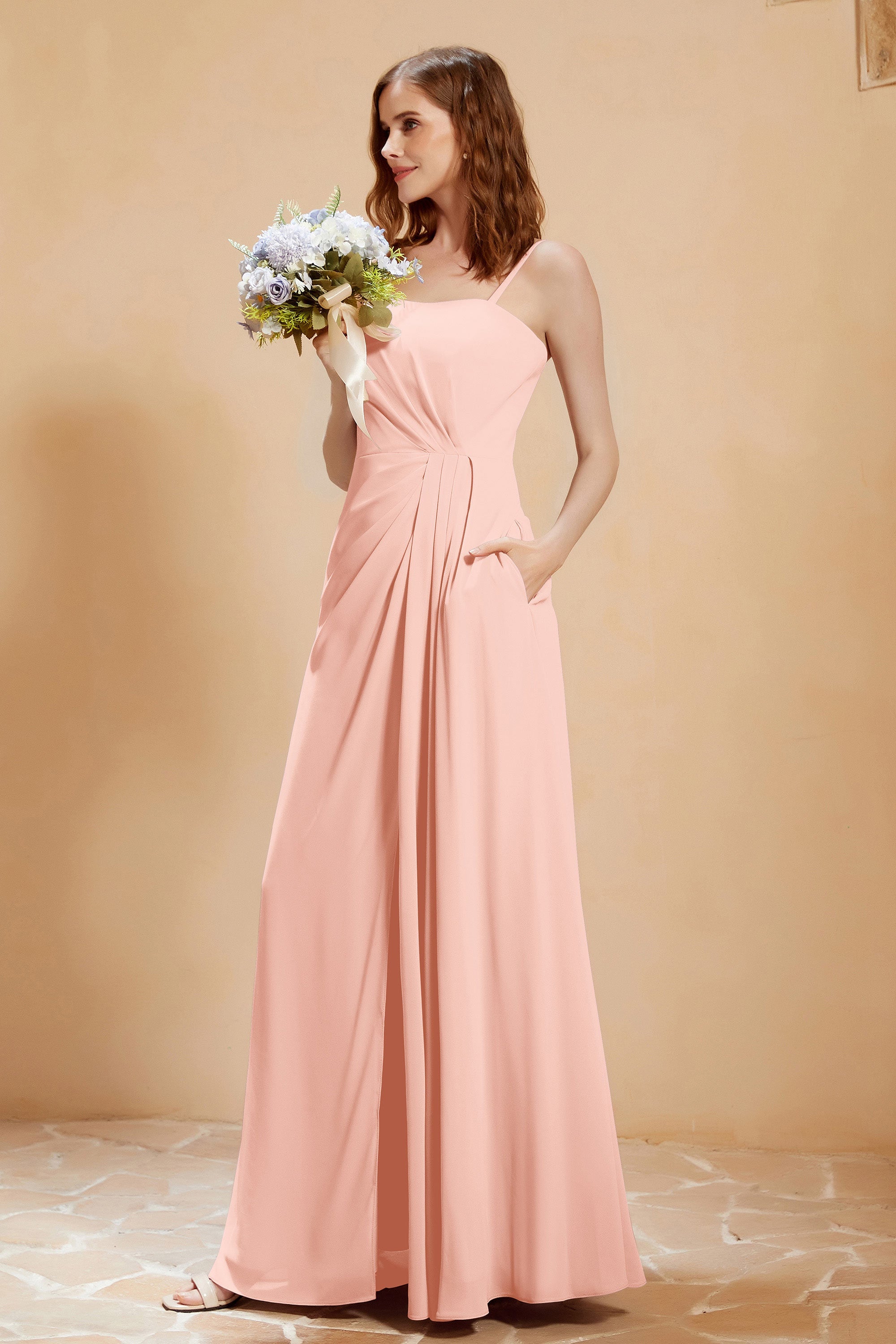 A Line Chiffon Square Bridesmaid Dress With Pockets Formal Evening Prom Dresses Gowns