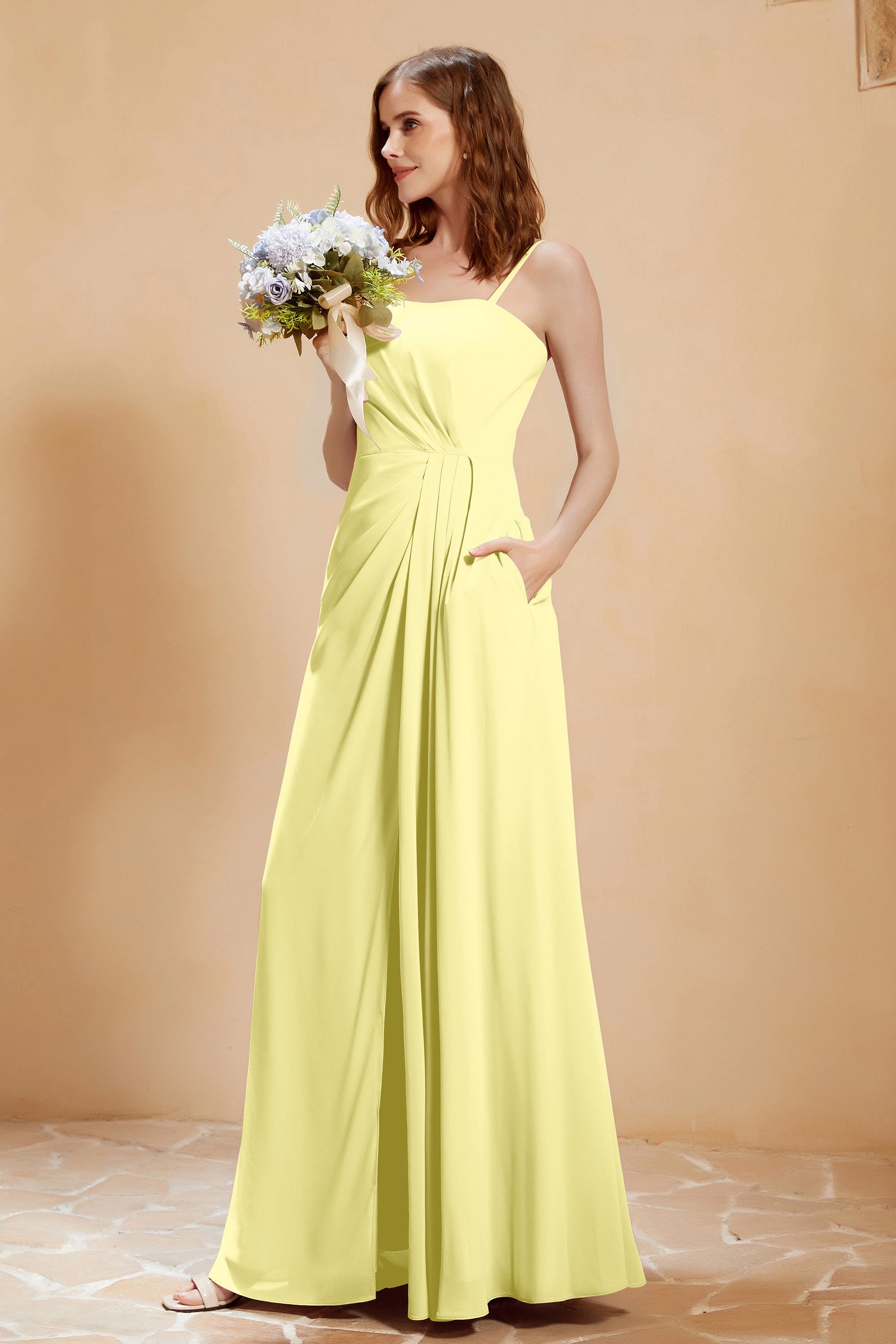 A Line Chiffon Square Bridesmaid Dress With Pockets Formal Evening Prom Dresses Gowns