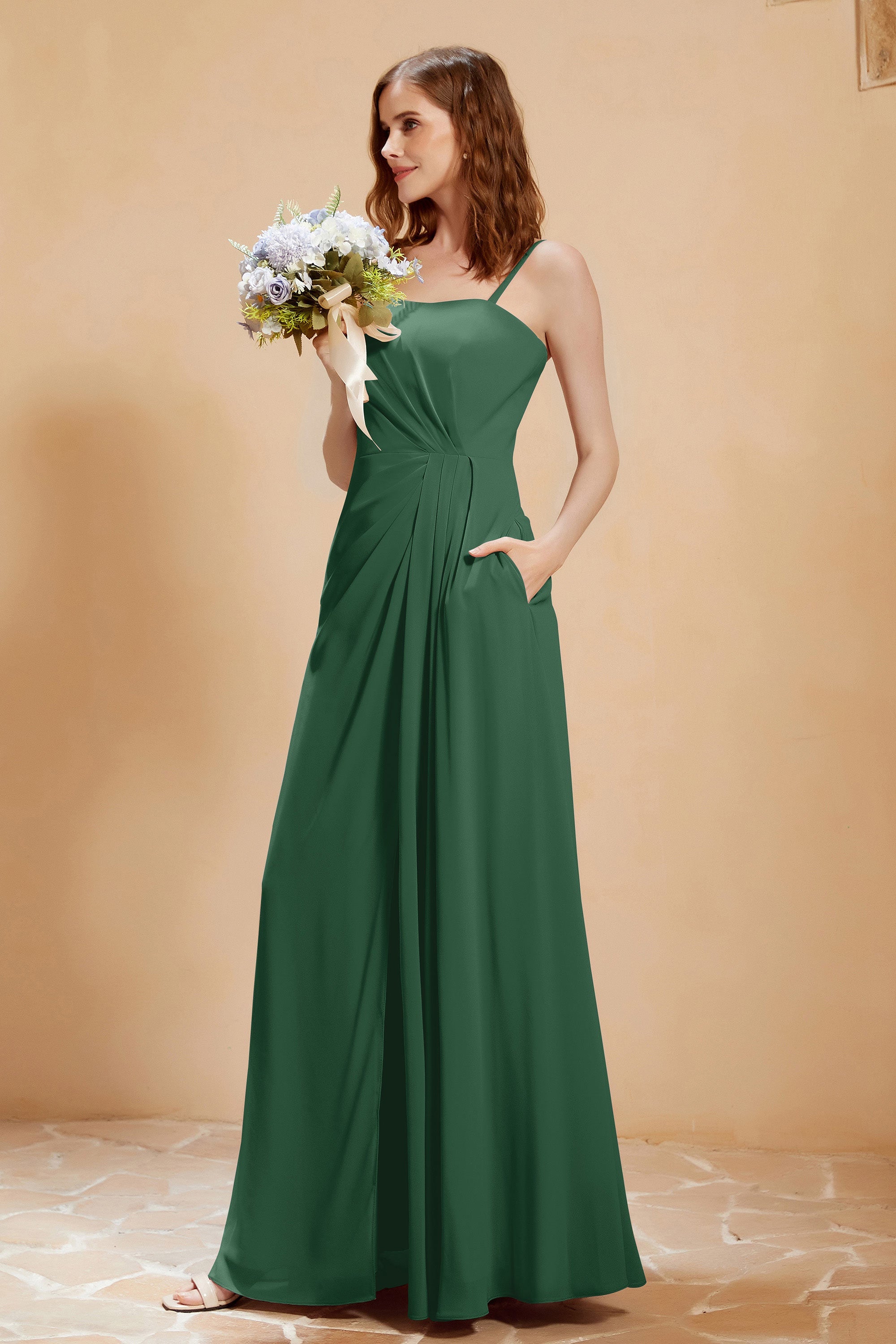 A Line Chiffon Square Bridesmaid Dress With Pockets Formal Evening Prom Dresses Gowns