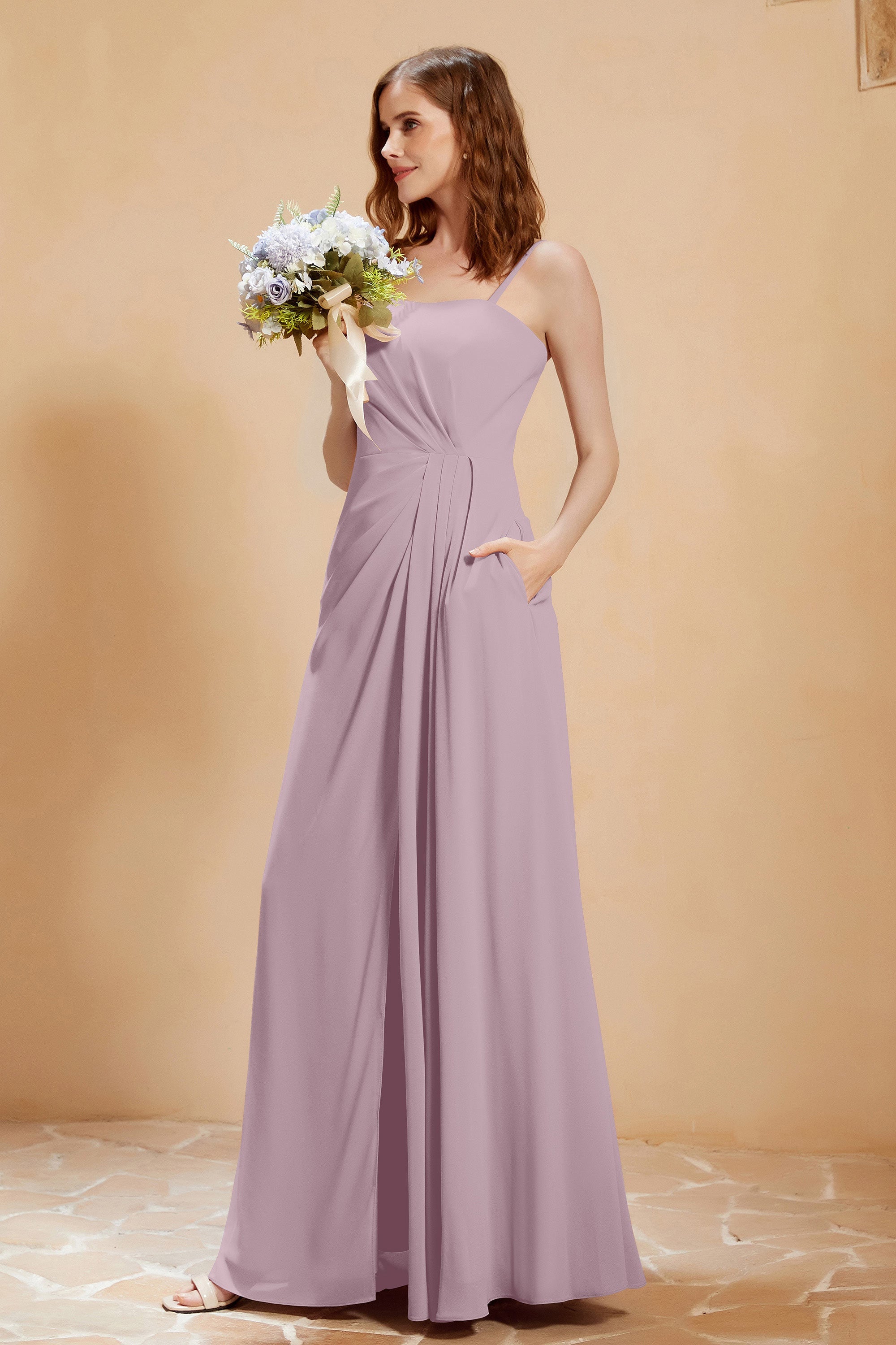 A Line Chiffon Square Bridesmaid Dress With Pockets Formal Evening Prom Dresses Gowns