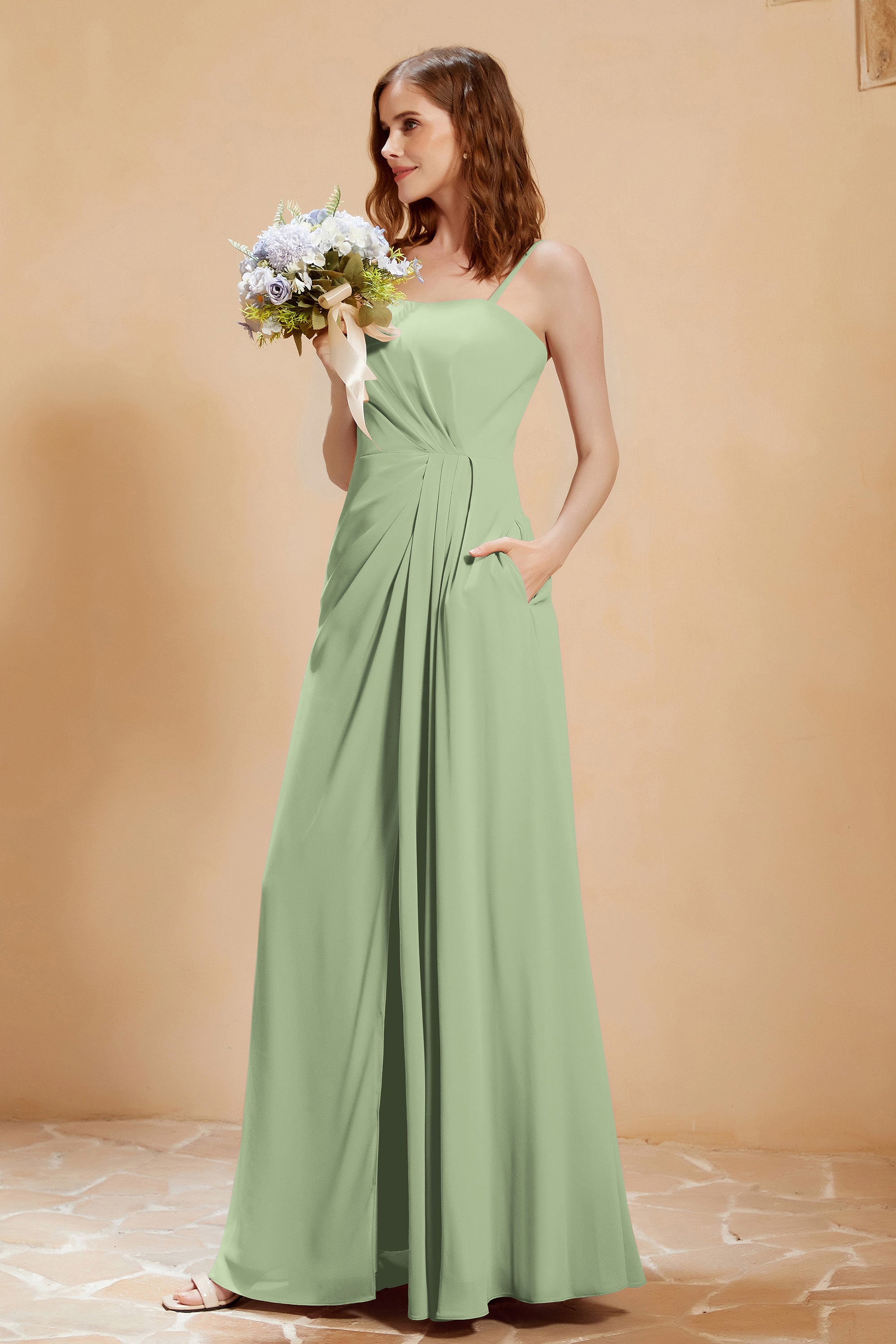 A Line Chiffon Square Bridesmaid Dress With Pockets Formal Evening Prom Dresses Gowns