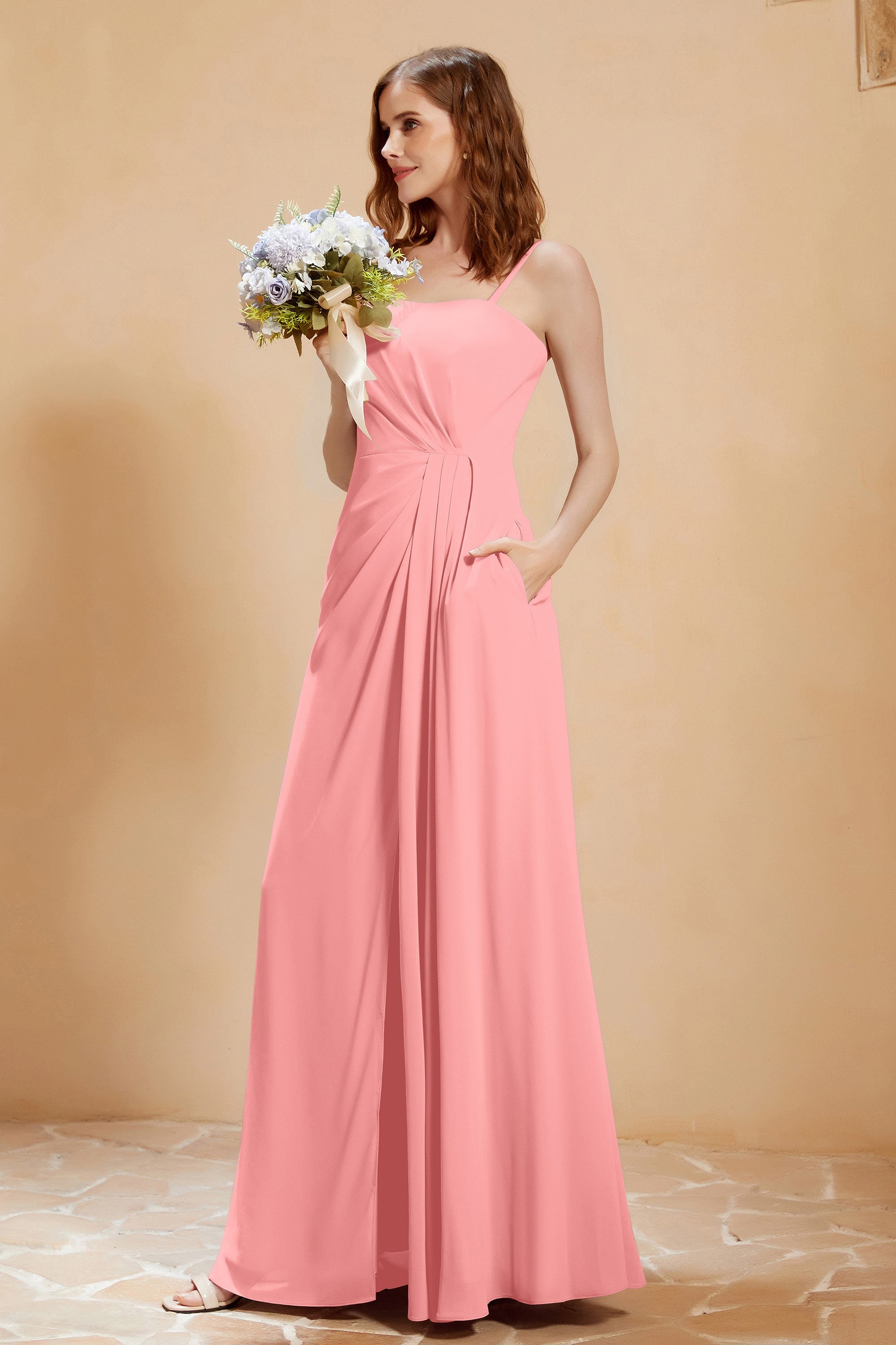 A Line Chiffon Square Bridesmaid Dress With Pockets Formal Evening Prom Dresses Gowns