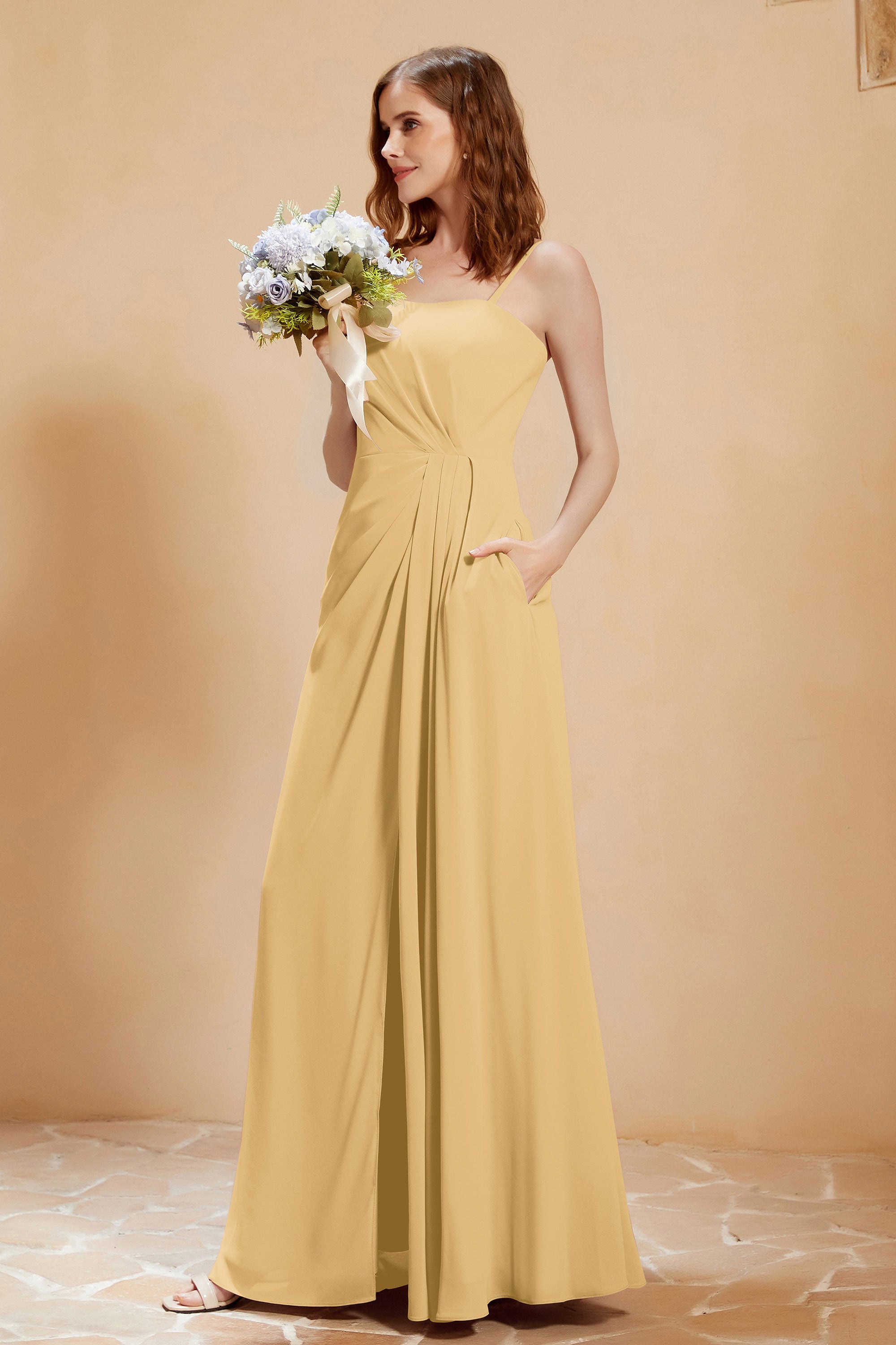 A Line Chiffon Square Bridesmaid Dress With Pockets Formal Evening Prom Dresses Gowns