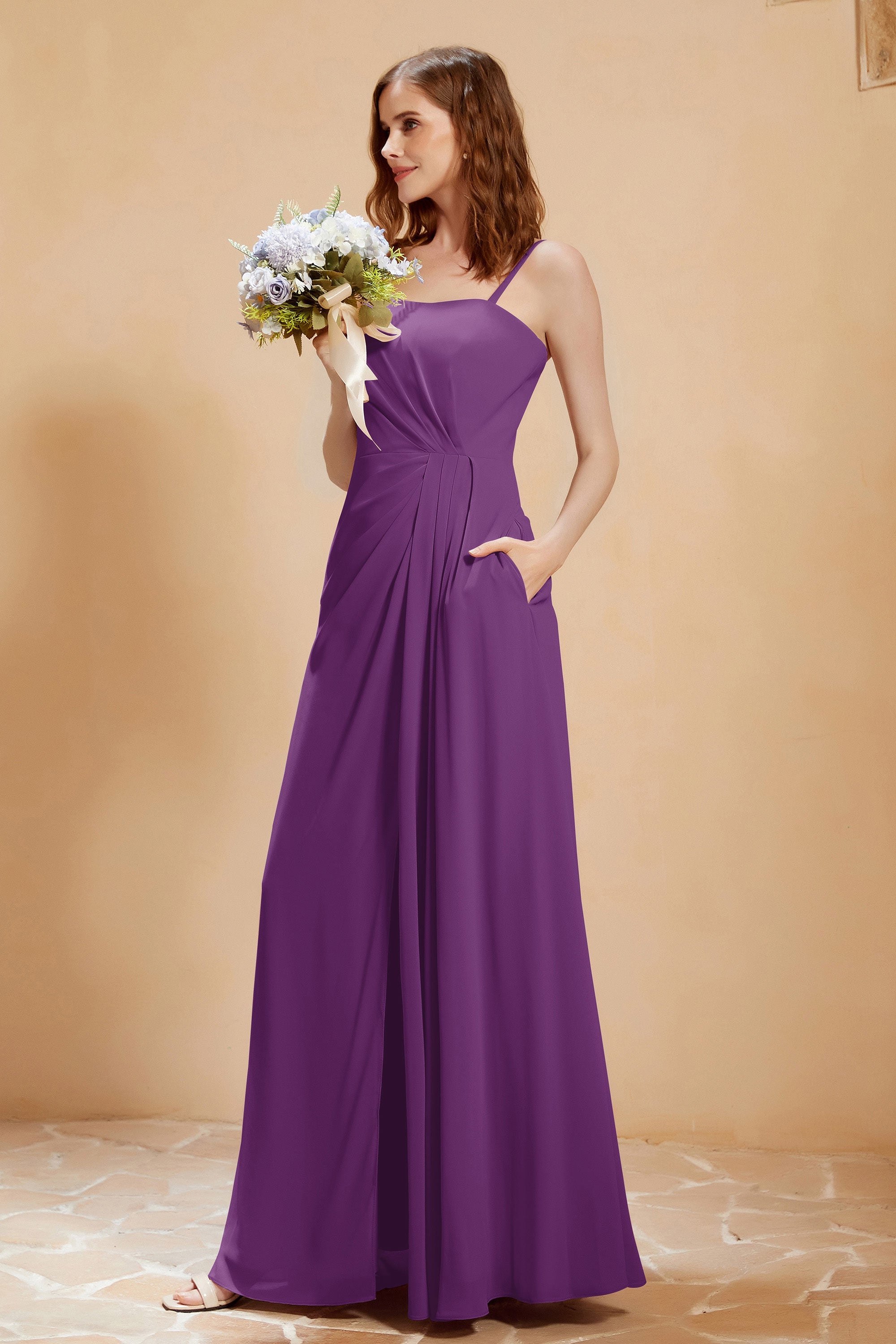 A Line Chiffon Square Bridesmaid Dress With Pockets Formal Evening Prom Dresses Gowns