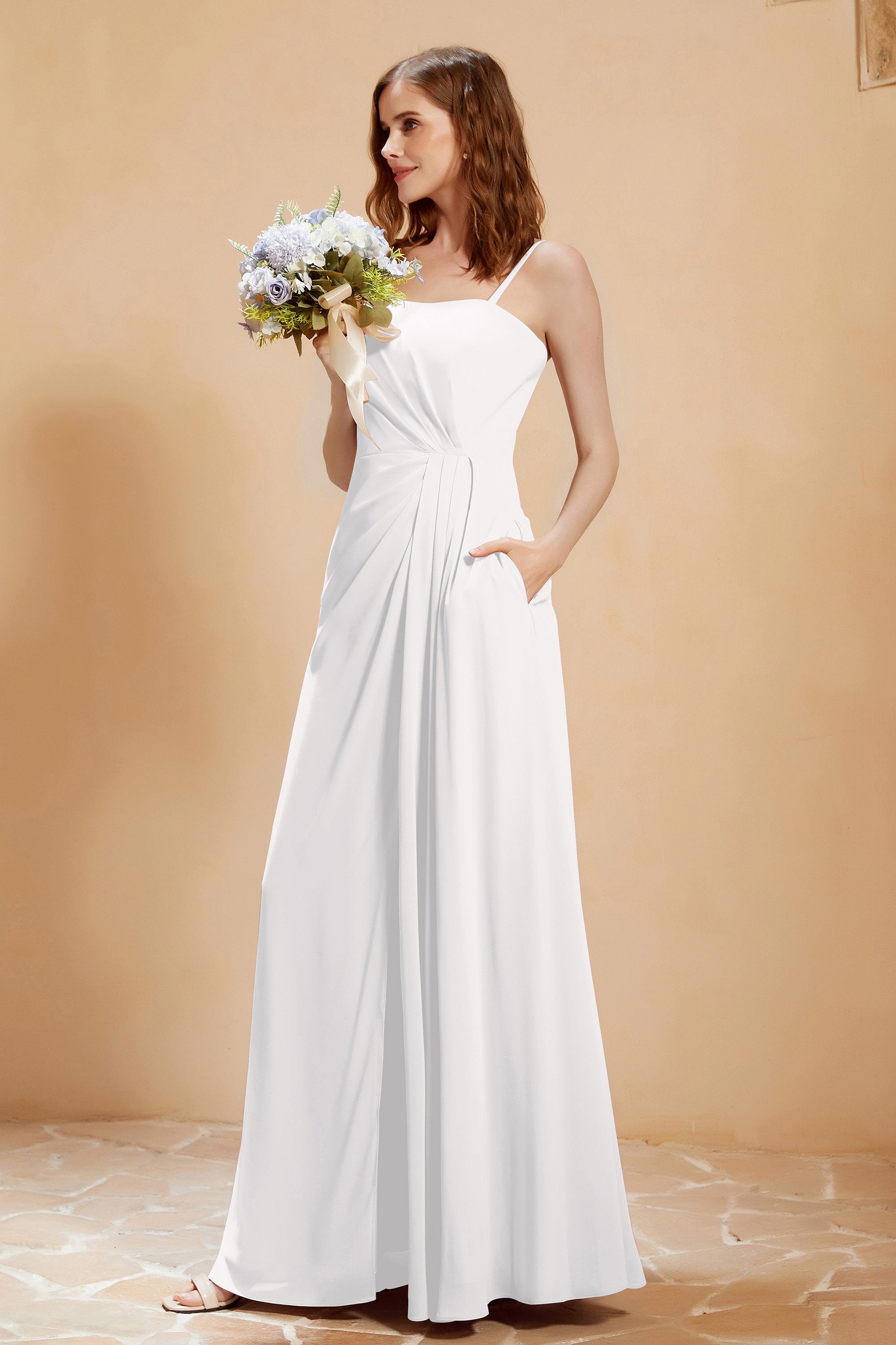 A Line Chiffon Square Bridesmaid Dress With Pockets Formal Evening Prom Dresses Gowns