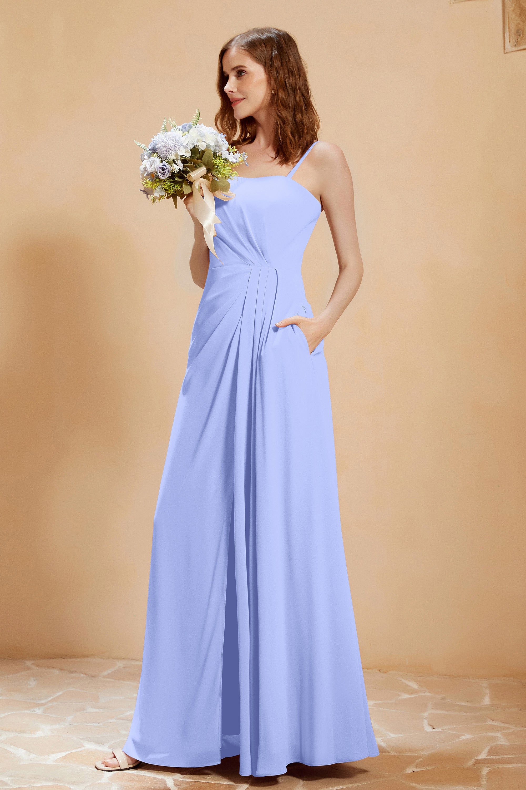 A Line Chiffon Square Bridesmaid Dress With Pockets Formal Evening Prom Dresses Gowns