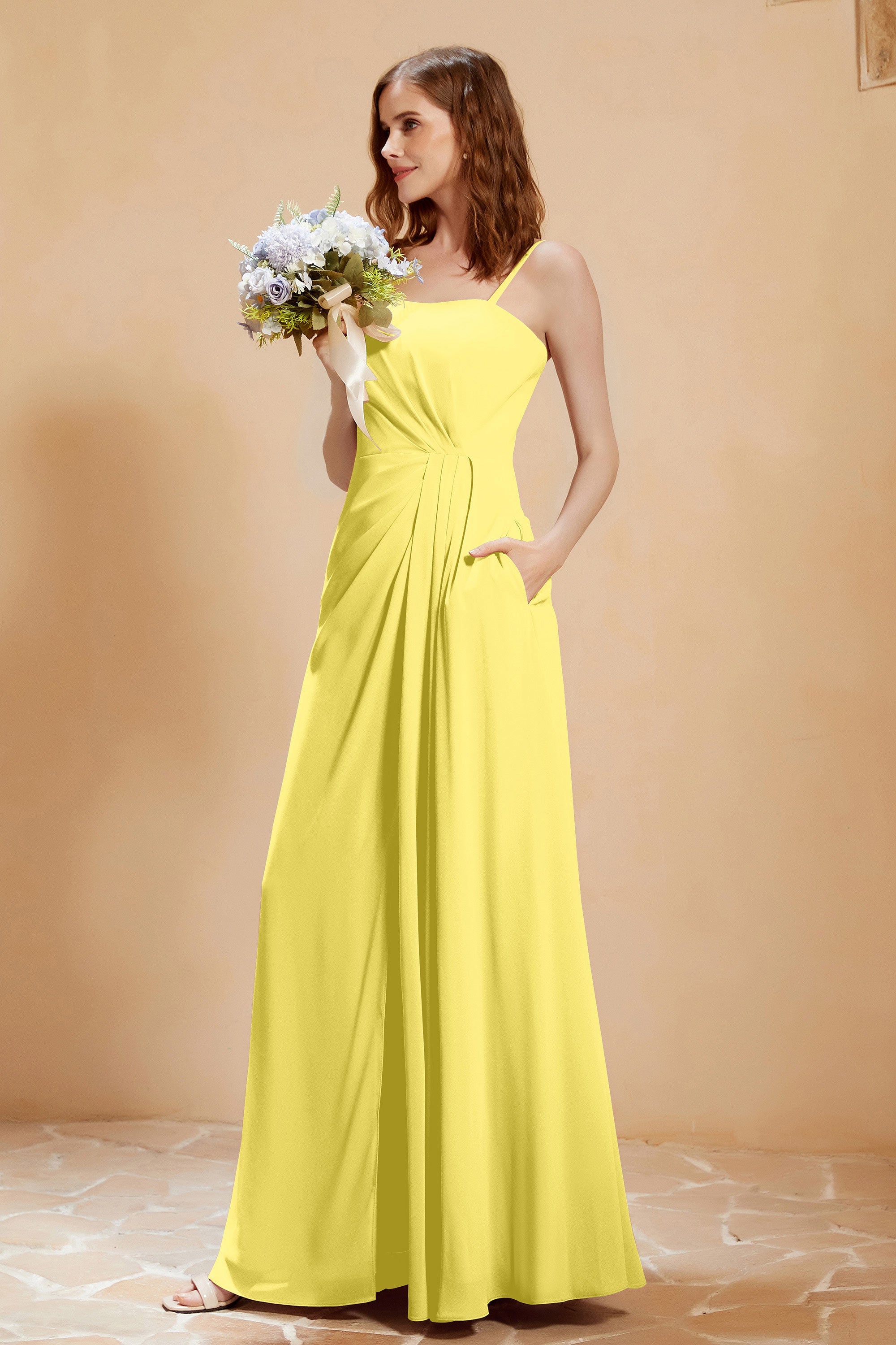 A Line Chiffon Square Bridesmaid Dress With Pockets Formal Evening Prom Dresses Gowns