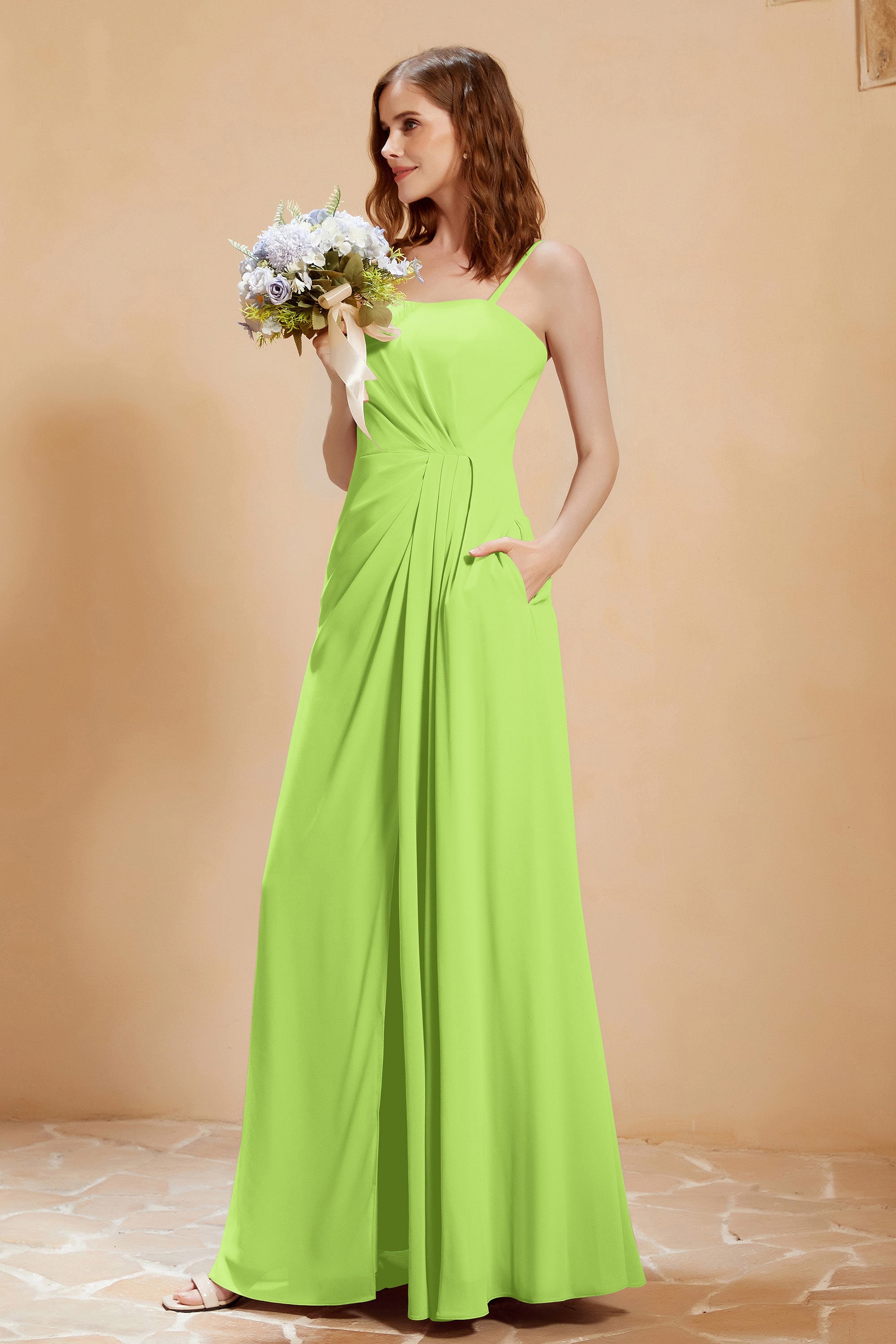 A Line Chiffon Square Bridesmaid Dress With Pockets Formal Evening Prom Dresses Gowns