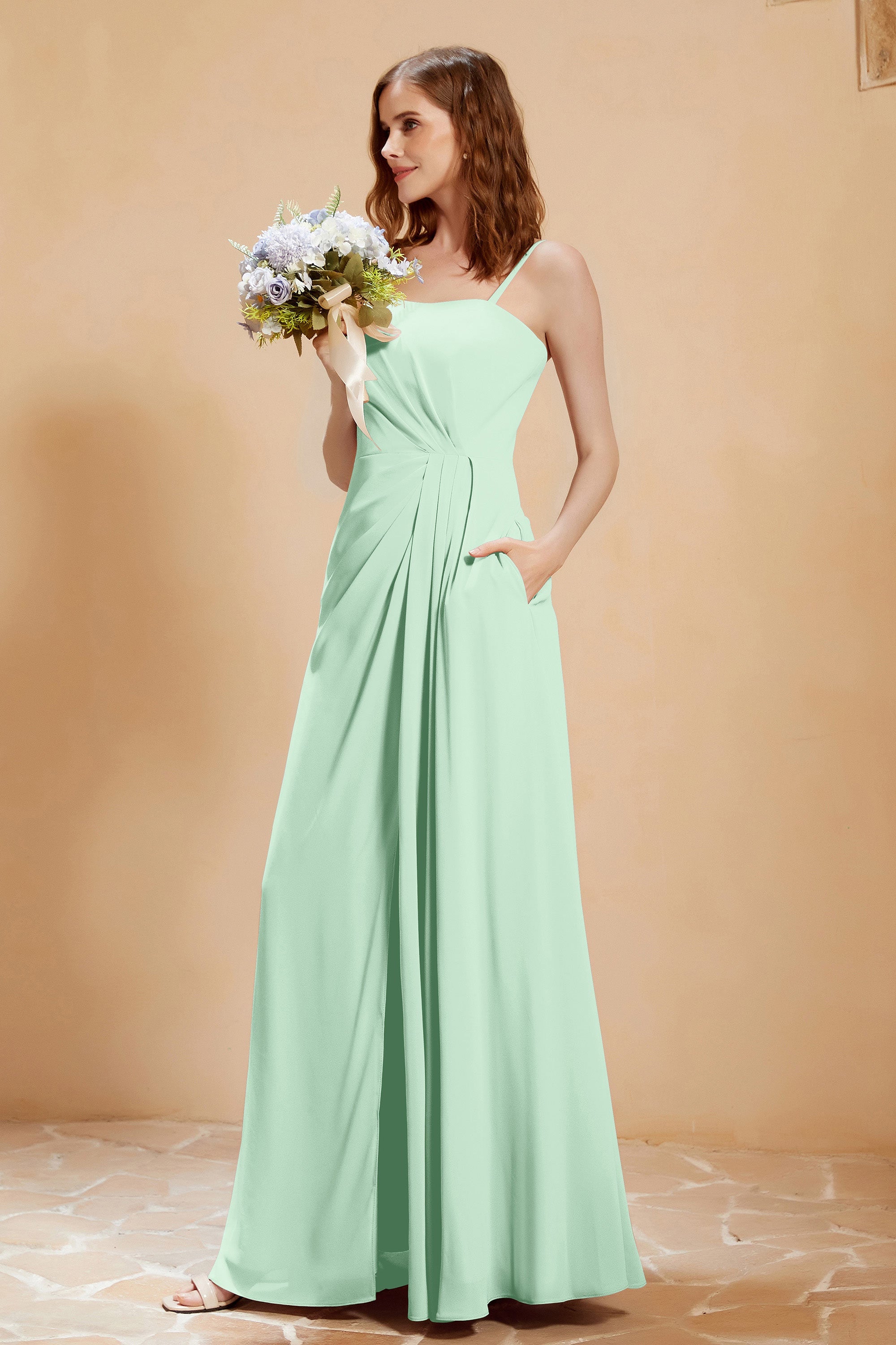 A Line Chiffon Square Bridesmaid Dress With Pockets Formal Evening Prom Dresses Gowns