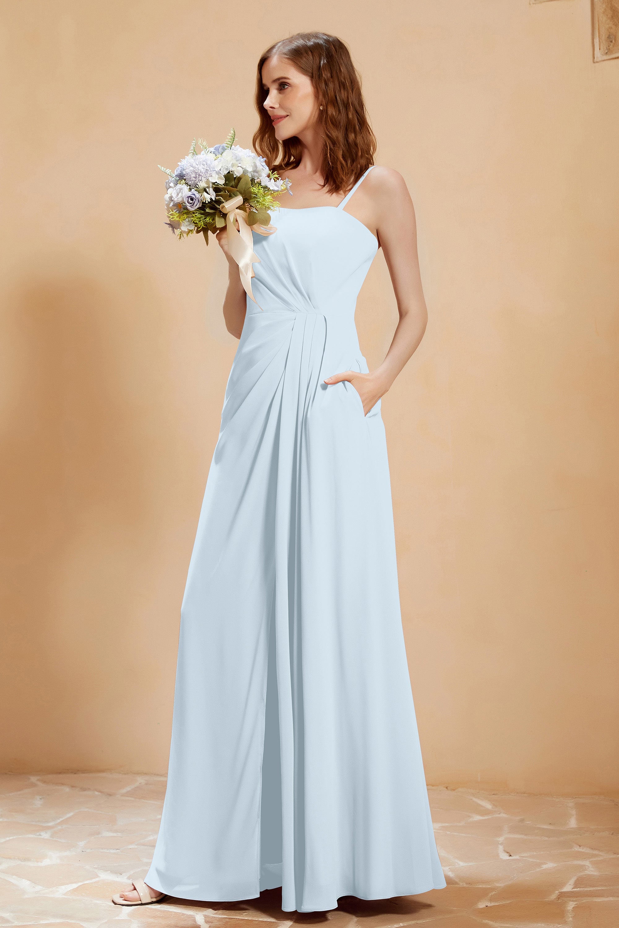 A Line Chiffon Square Bridesmaid Dress With Pockets Formal Evening Prom Dresses Gowns