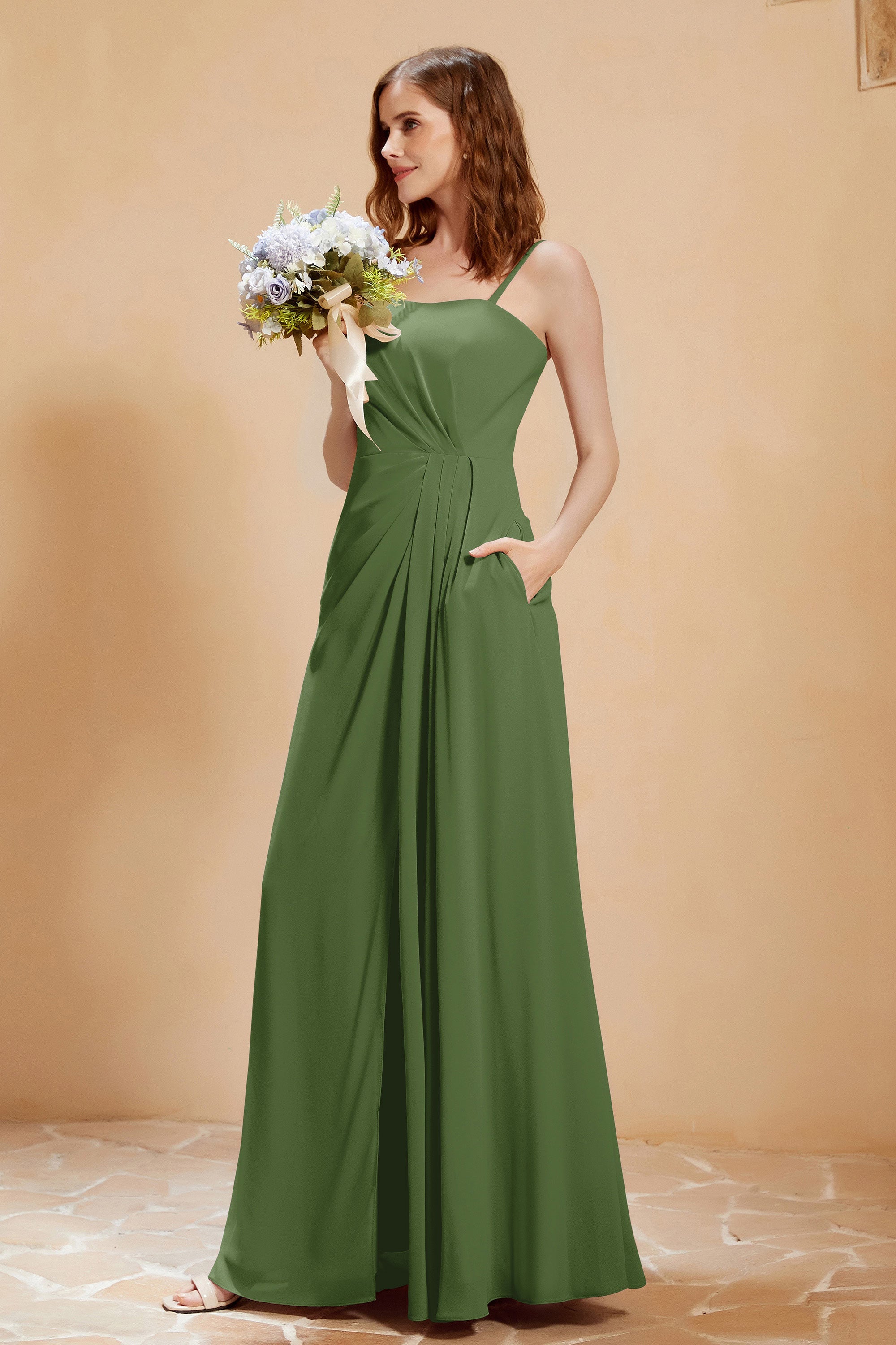 A Line Chiffon Square Bridesmaid Dress With Pockets Formal Evening Prom Dresses Gowns