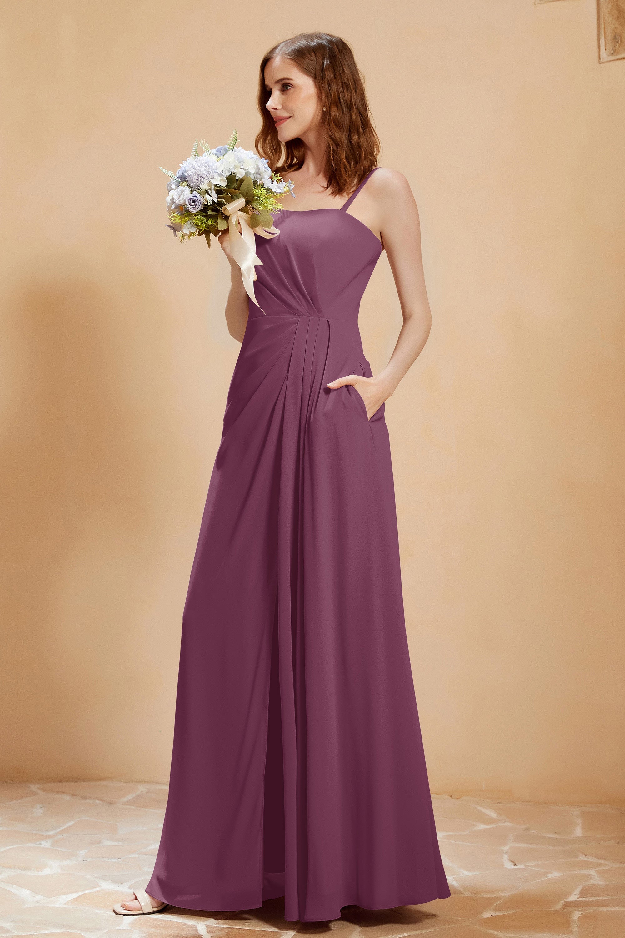 A Line Chiffon Square Bridesmaid Dress With Pockets Formal Evening Prom Dresses Gowns
