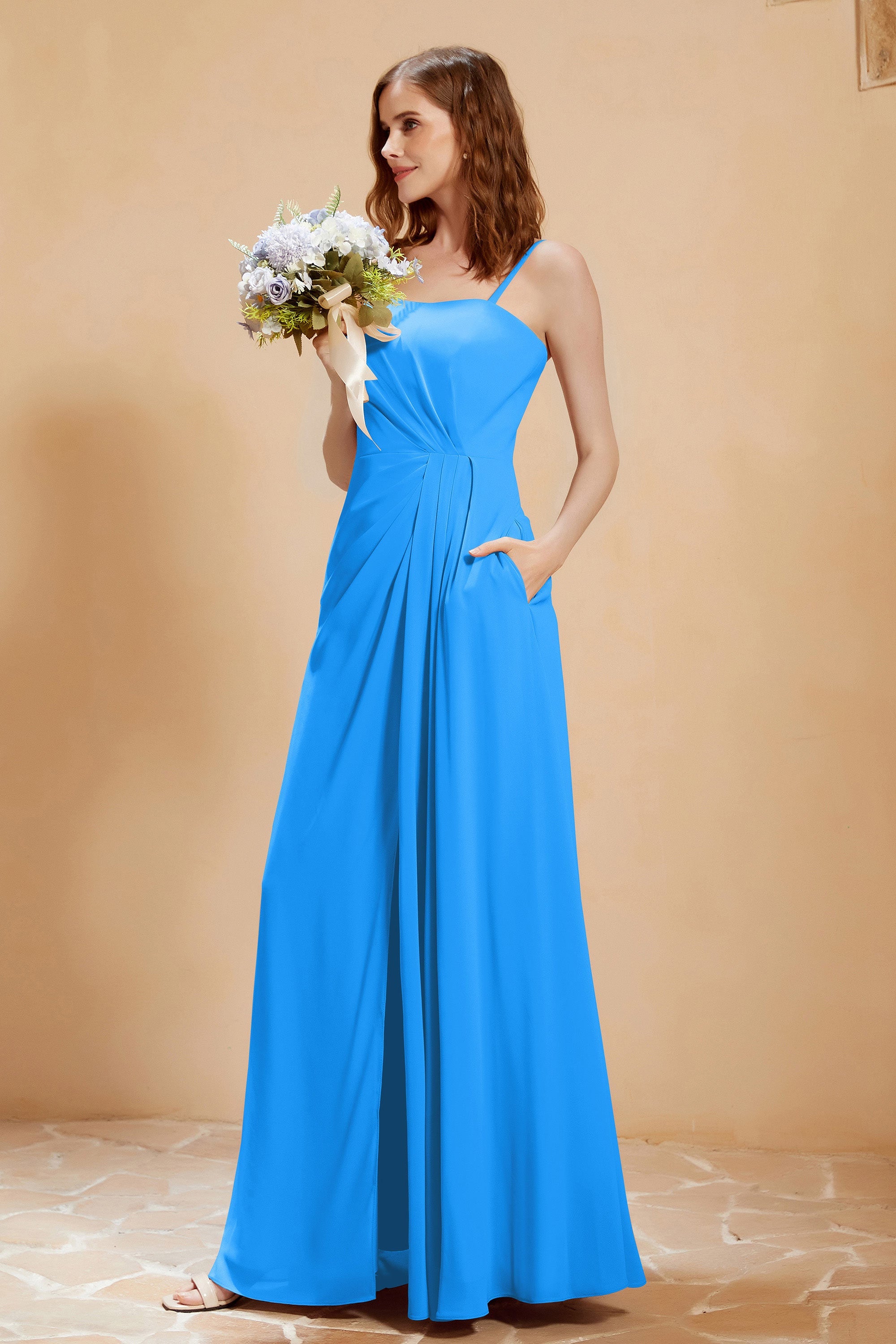 A Line Chiffon Square Bridesmaid Dress With Pockets Formal Evening Prom Dresses Gowns