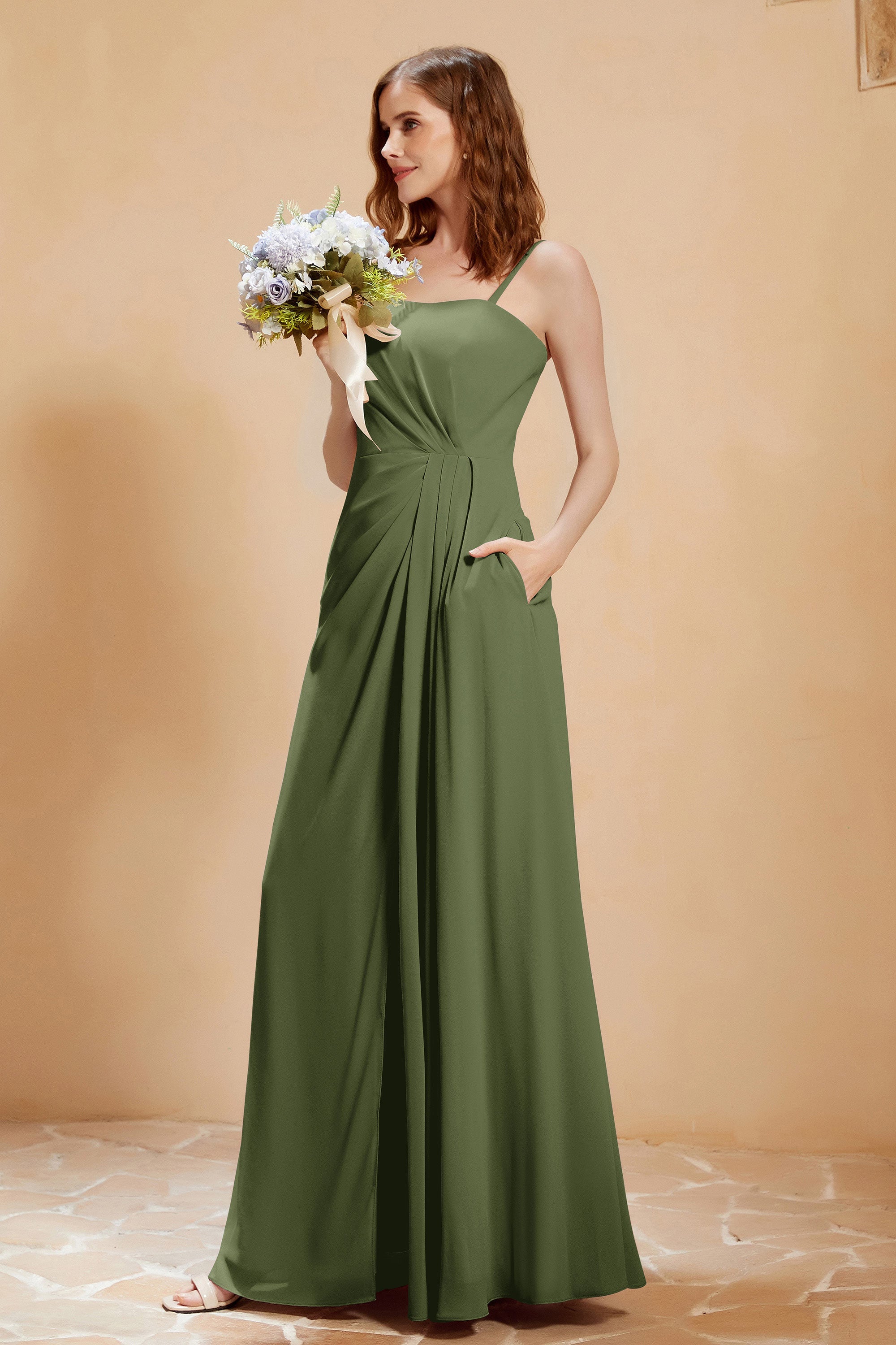A Line Chiffon Square Bridesmaid Dress With Pockets Formal Evening Prom Dresses Gowns