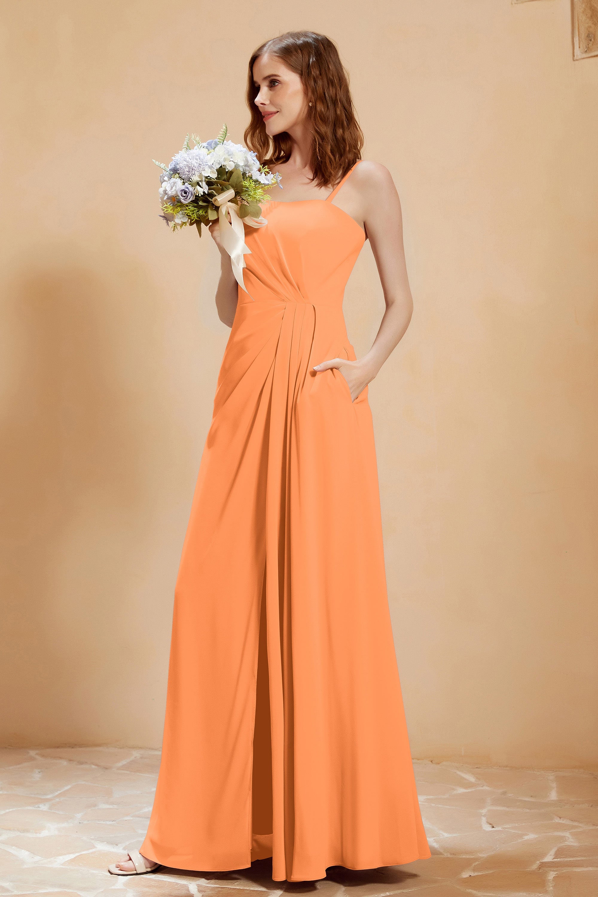 A Line Chiffon Square Bridesmaid Dress With Pockets Formal Evening Prom Dresses Gowns