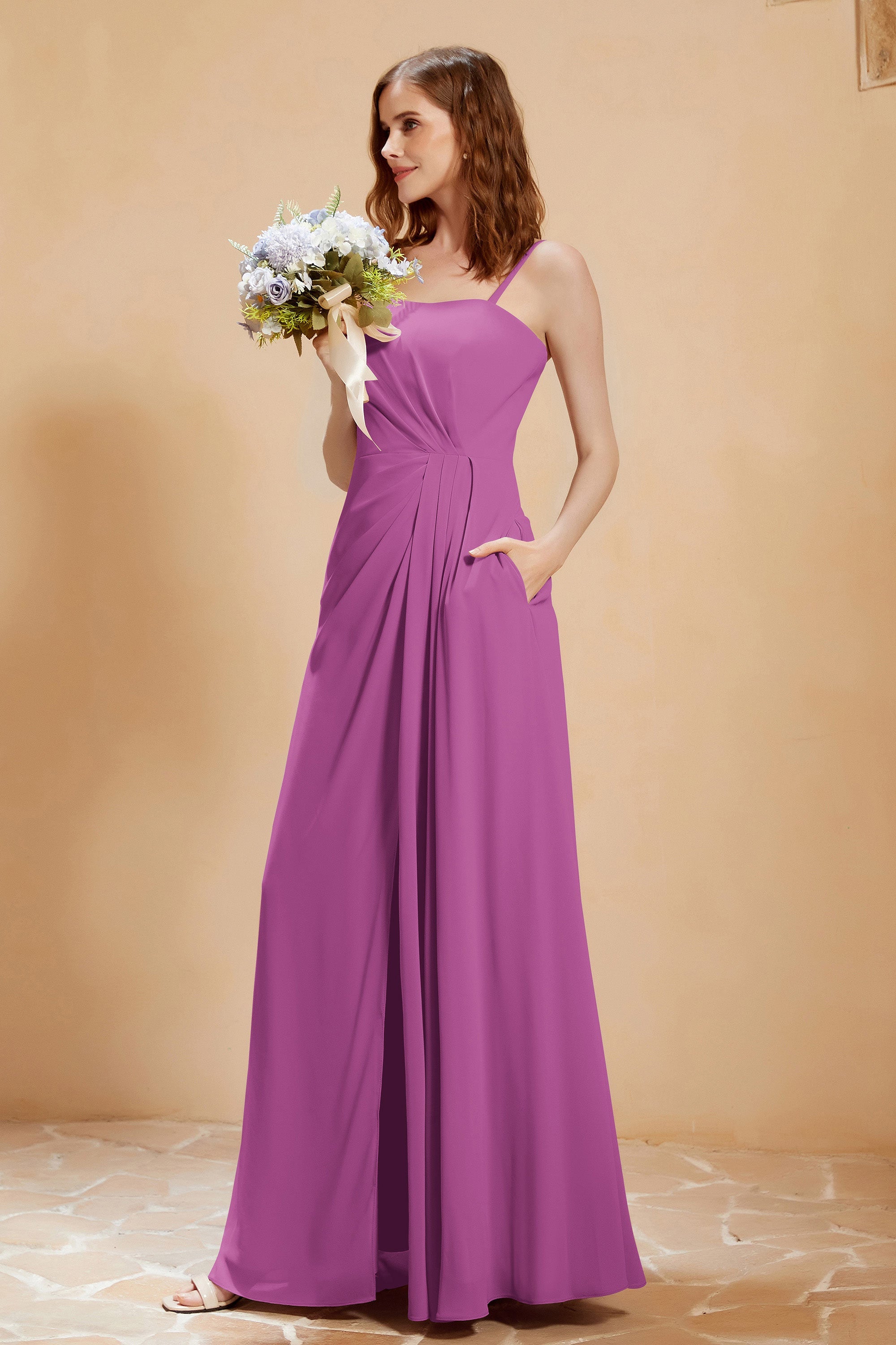 A Line Chiffon Square Bridesmaid Dress With Pockets Formal Evening Prom Dresses Gowns