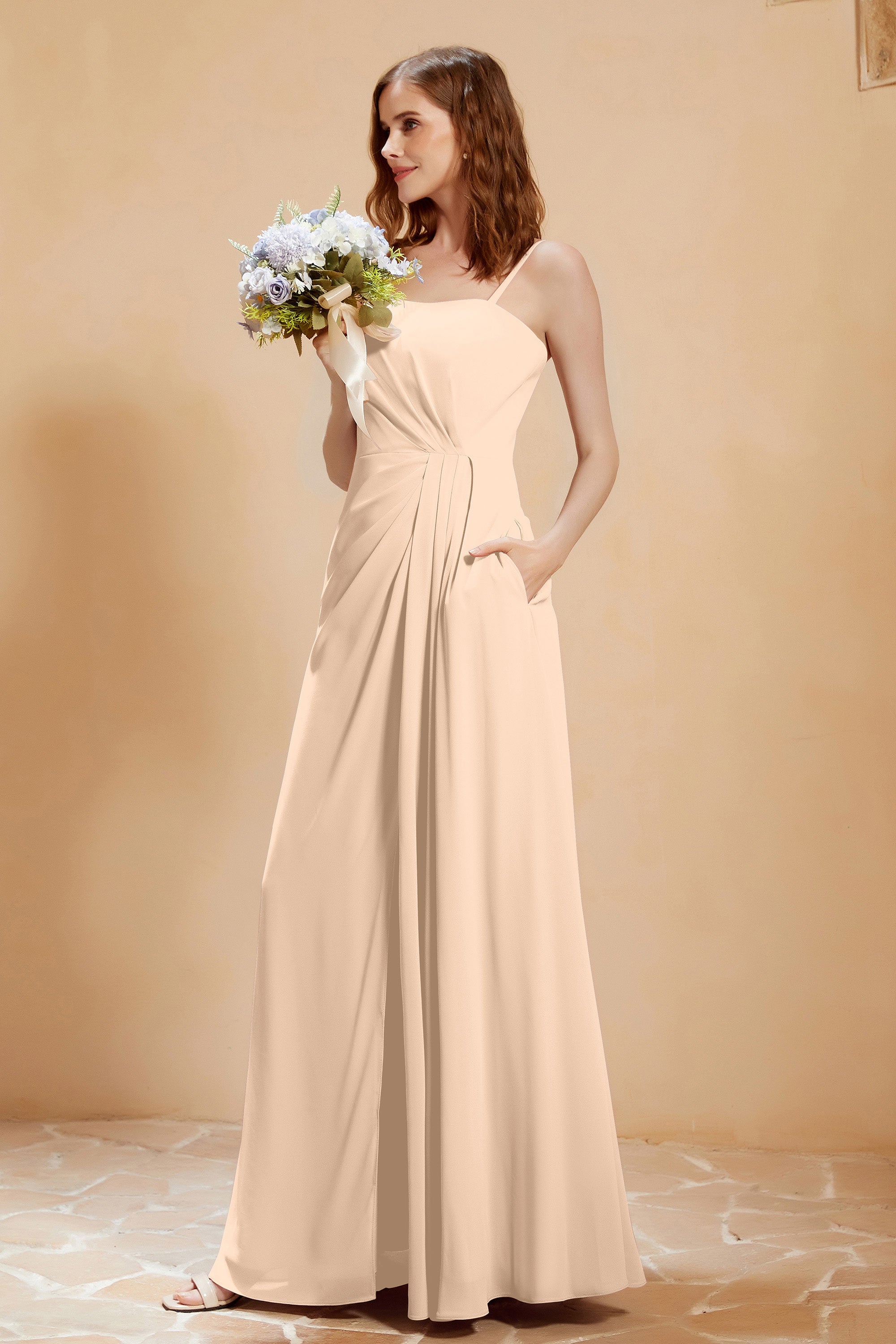 A Line Chiffon Square Bridesmaid Dress With Pockets Formal Evening Prom Dresses Gowns
