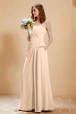 A Line Chiffon Square Bridesmaid Dress With Pockets Formal Evening Prom Dresses Gowns