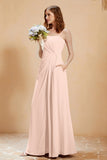 A Line Chiffon Square Bridesmaid Dress With Pockets Formal Evening Prom Dresses Gowns