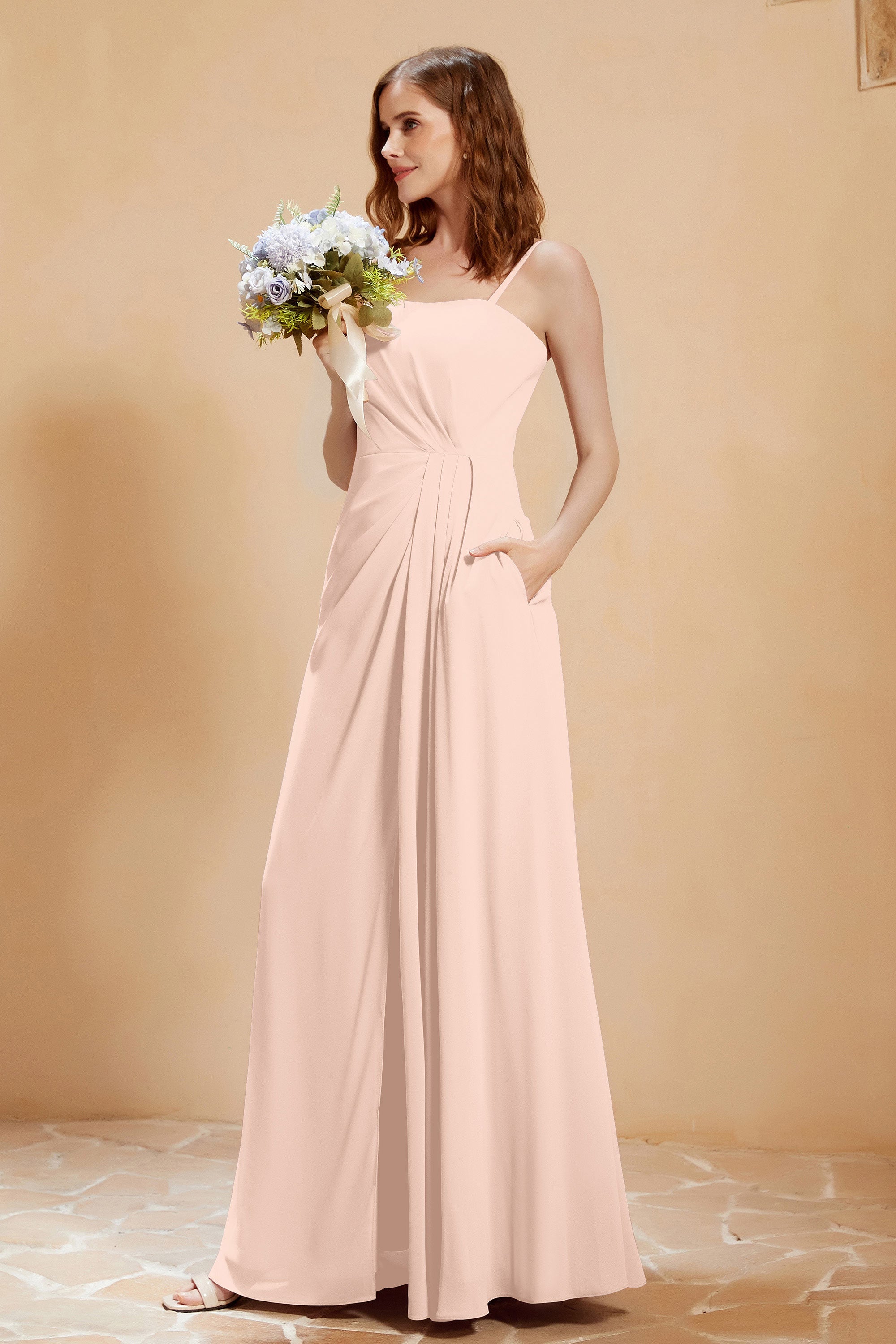 A Line Chiffon Square Bridesmaid Dress With Pockets Formal Evening Prom Dresses Gowns