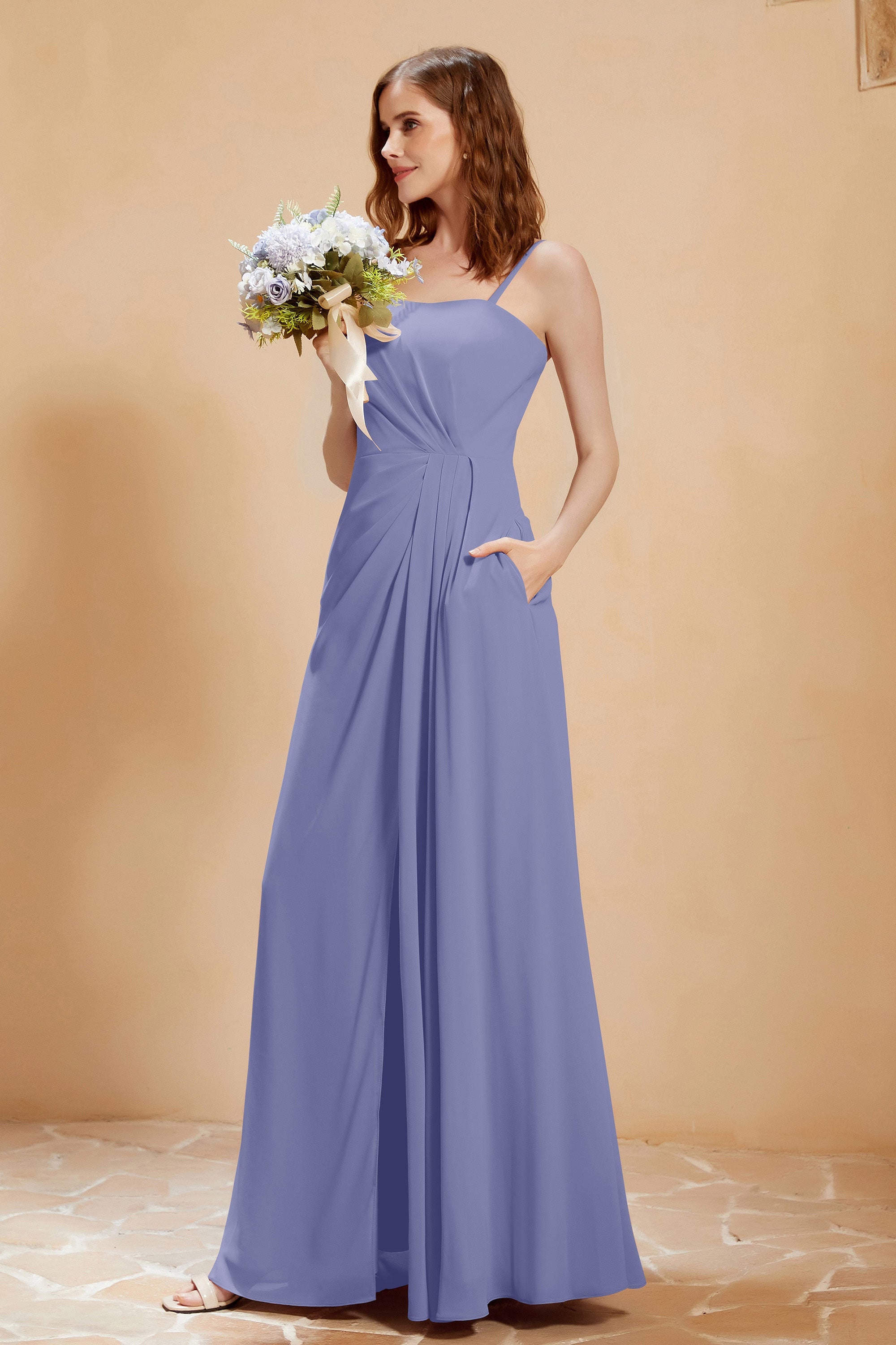 A Line Chiffon Square Bridesmaid Dress With Pockets Formal Evening Prom Dresses Gowns
